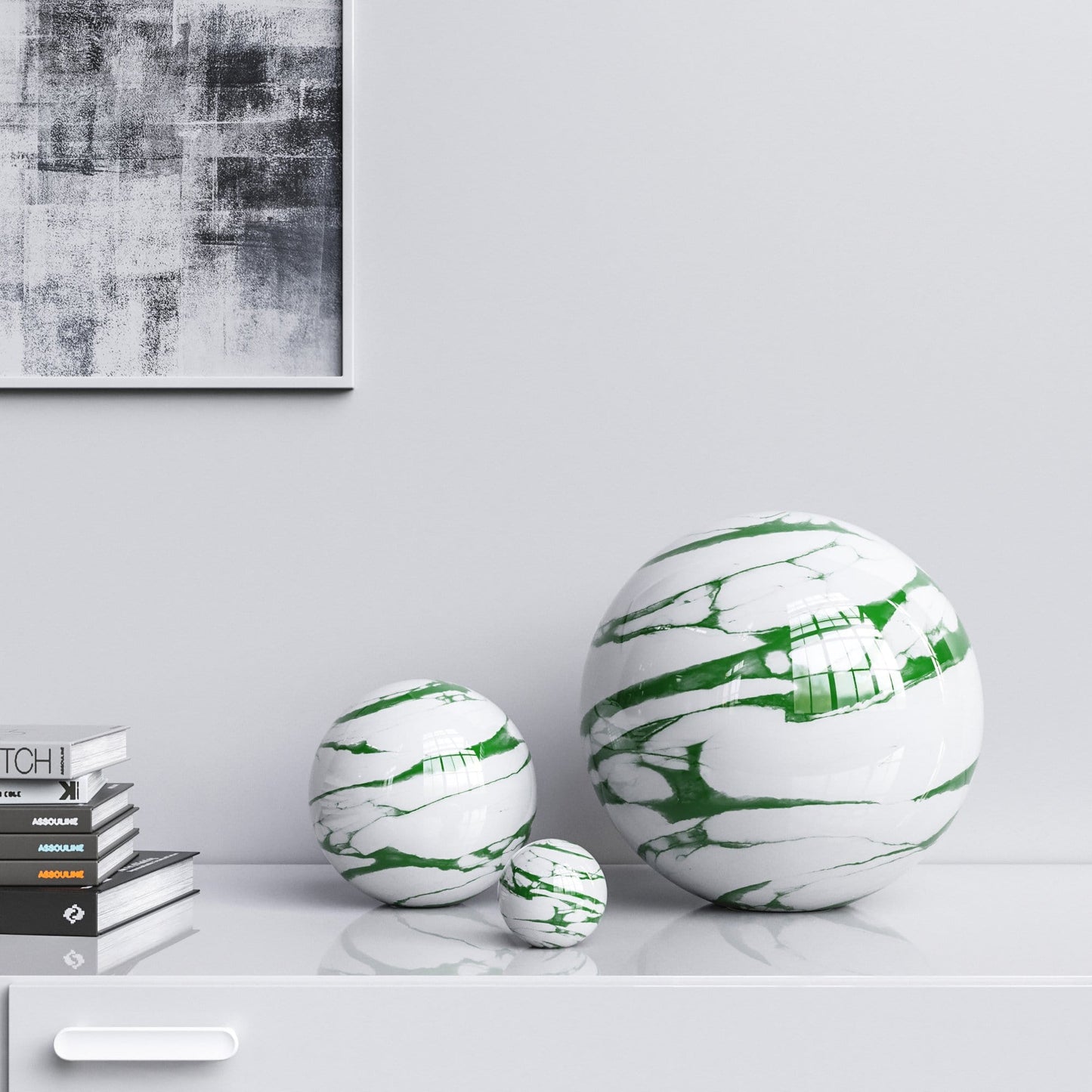 Ceramic Spheres - Three Pieces Set - White Marbles - Synchrony Art INC