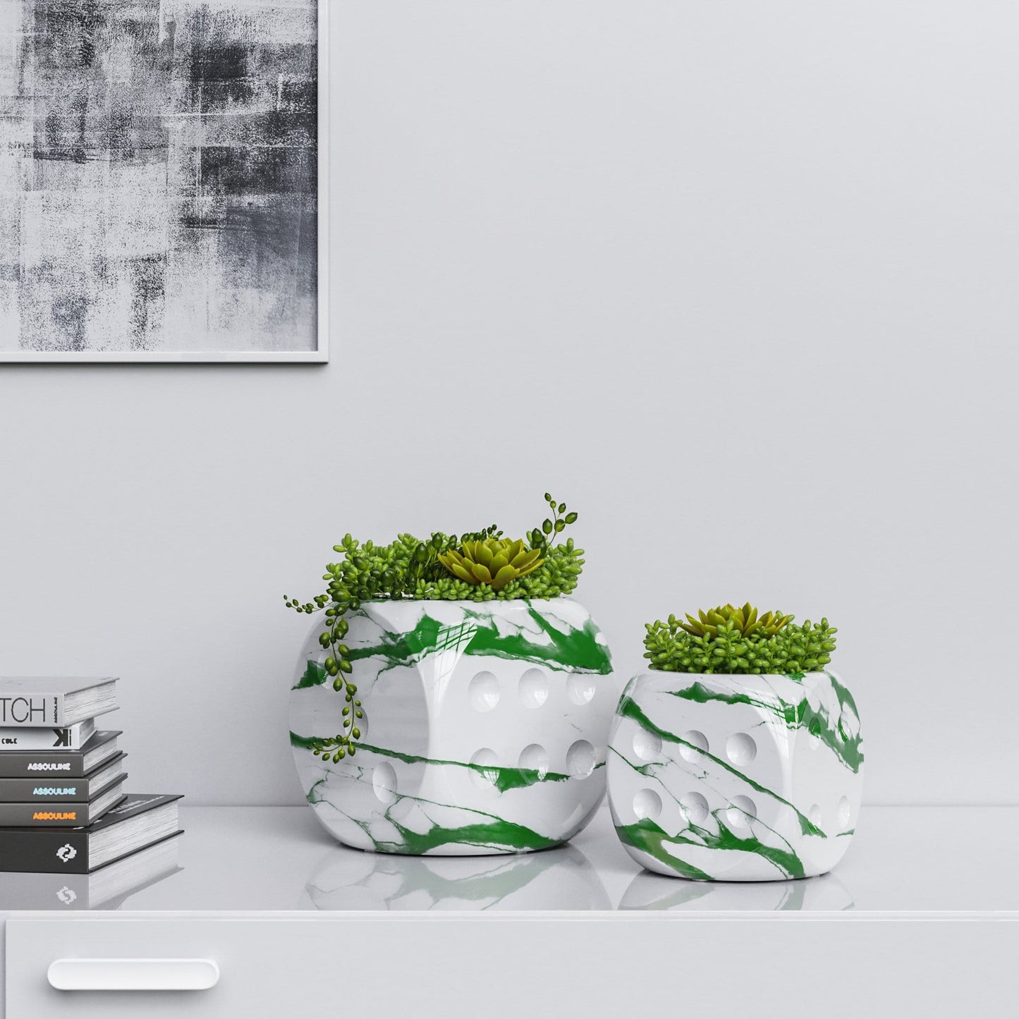 Ceramic Dice & Plants Set - White Marbles - Synchrony Art INC