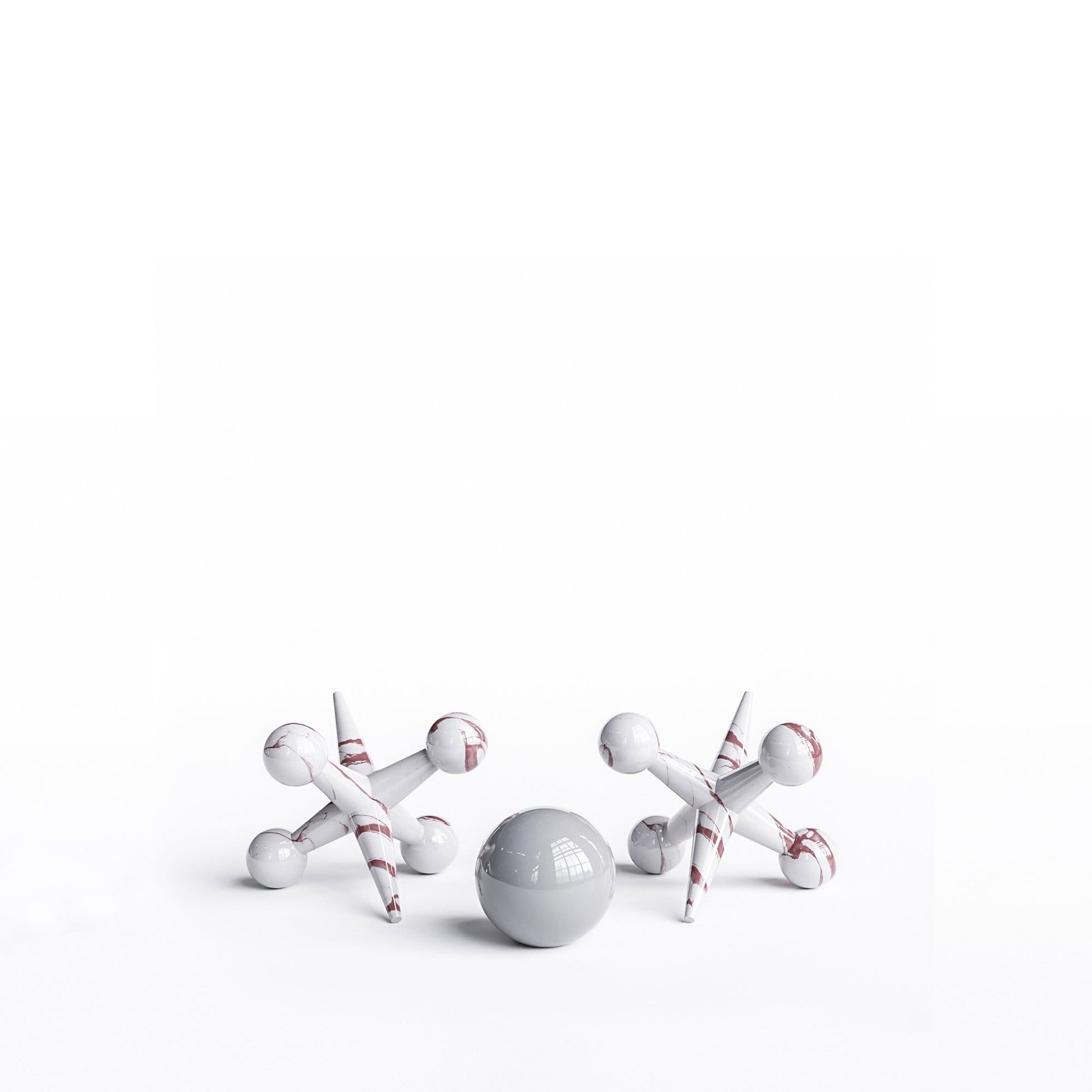 Ceramic 12"Jacks & 7" Ball  Set - White Marbles - Synchrony Art INC