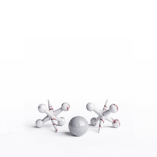 Ceramic 12"Jacks & 7" Ball  Set - White Marbles - Synchrony Art INC