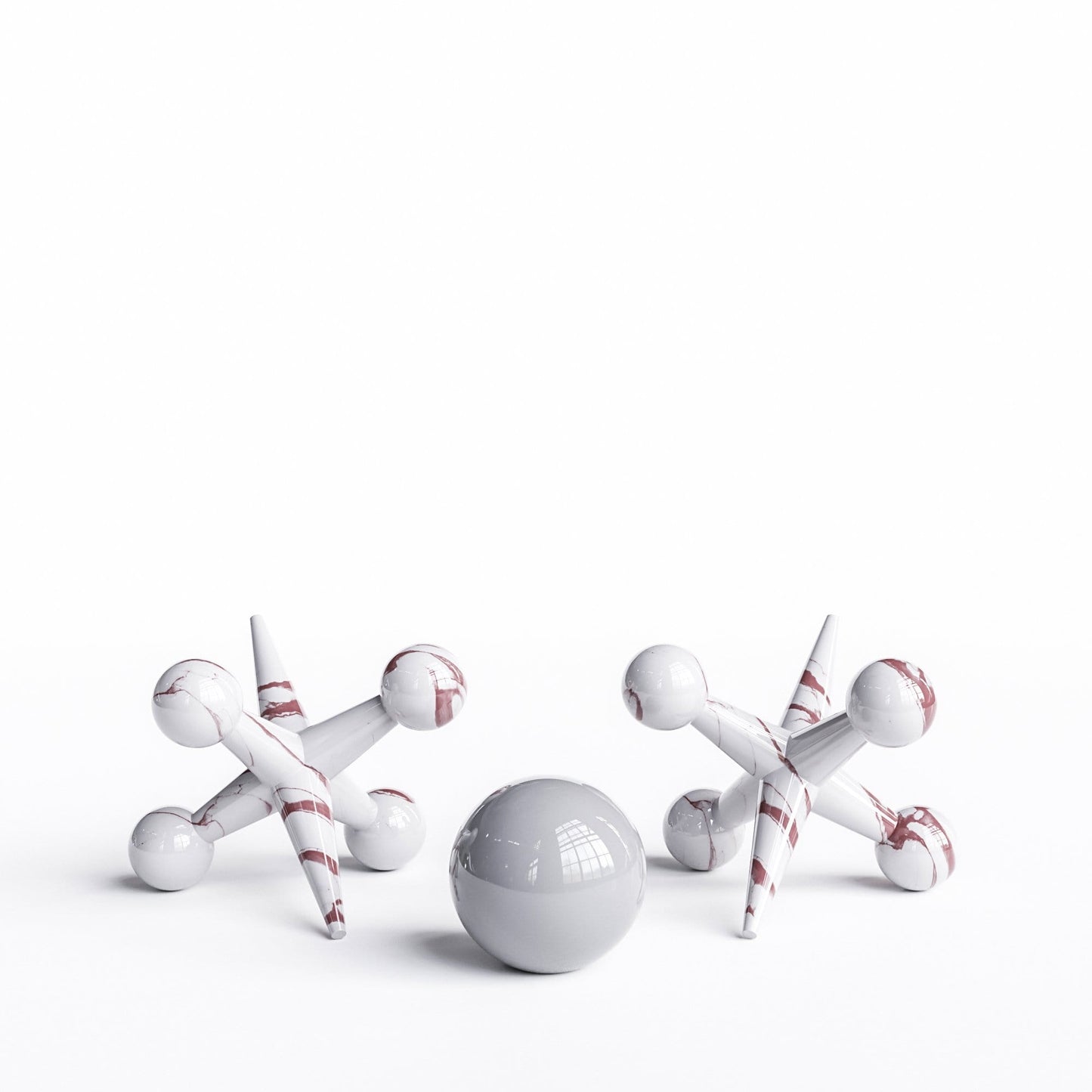 Ceramic 18"Jacks & 10" Ball  Set - White Marbles - Synchrony Art INC