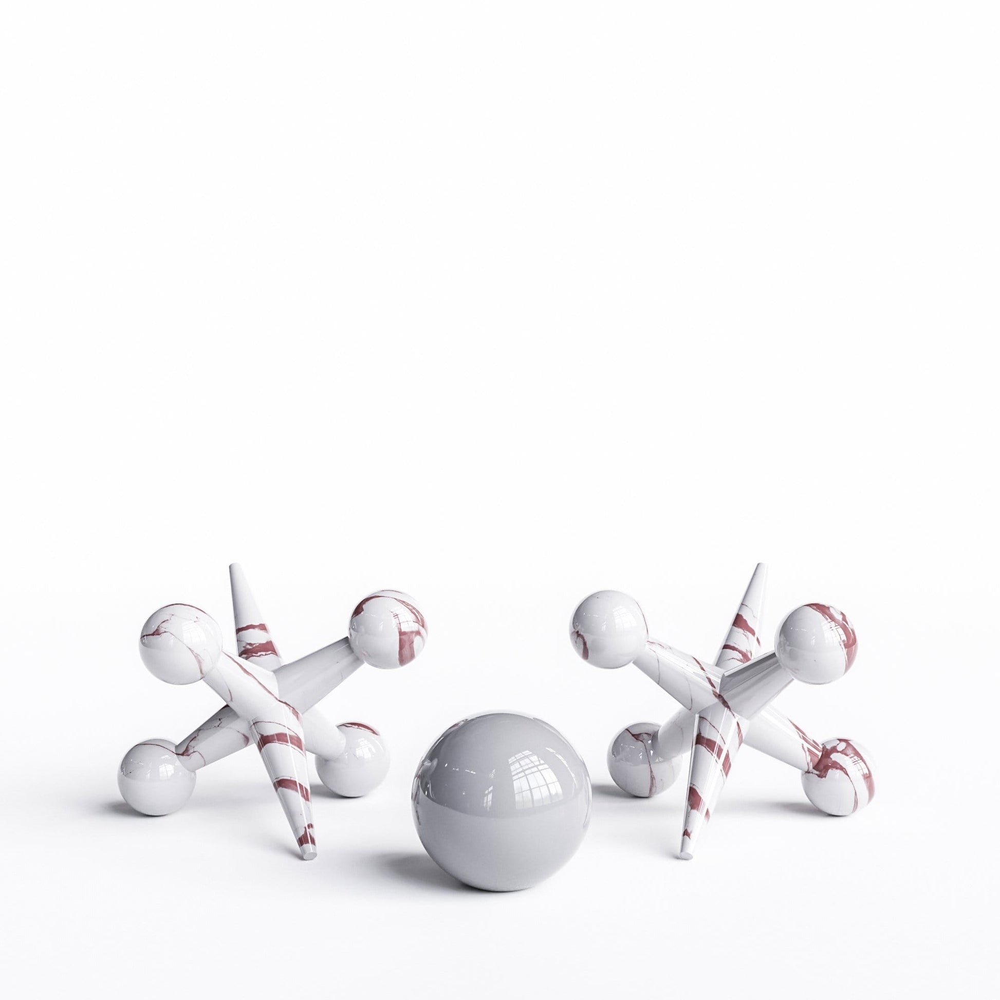Ceramic 18"Jacks & 10" Ball  Set - White Marbles - Synchrony Art INC