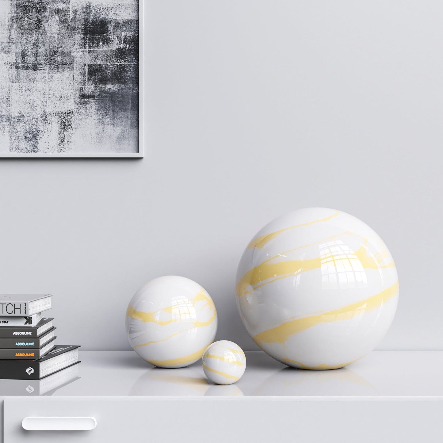 Ceramic Spheres - Three Pieces Set - White Marbles - Synchrony Art INC