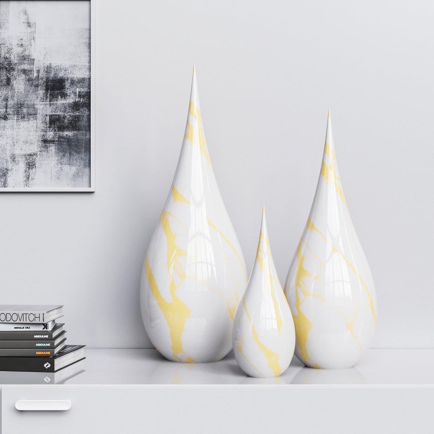Ceramic Drop Three Pieces Set - White Marbles - Synchrony Art INC