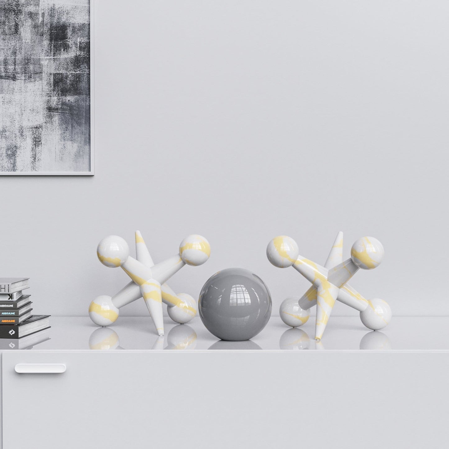 Ceramic 12"Jacks & 7" Ball  Set - White Marbles - Synchrony Art INC