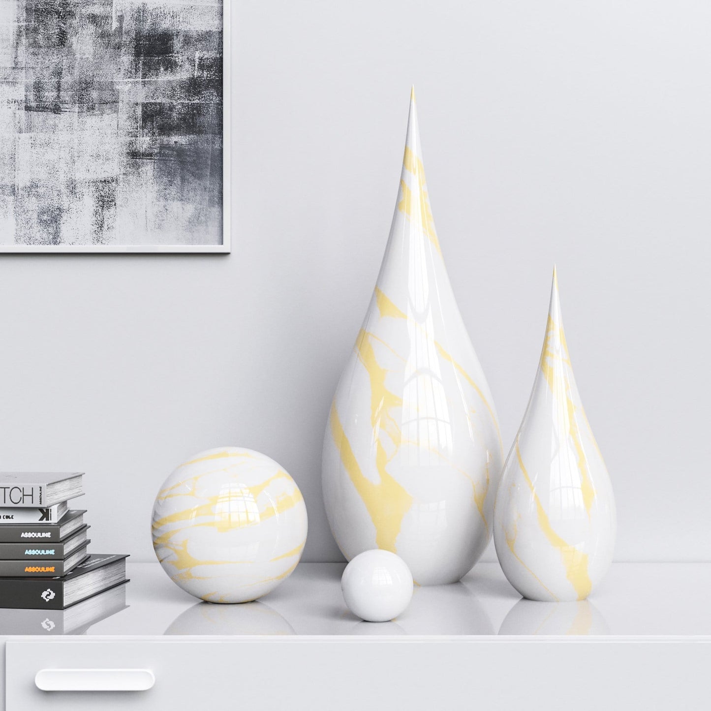 Ceramic Drop & Sphere Set - White Marbles - Synchrony Art INC