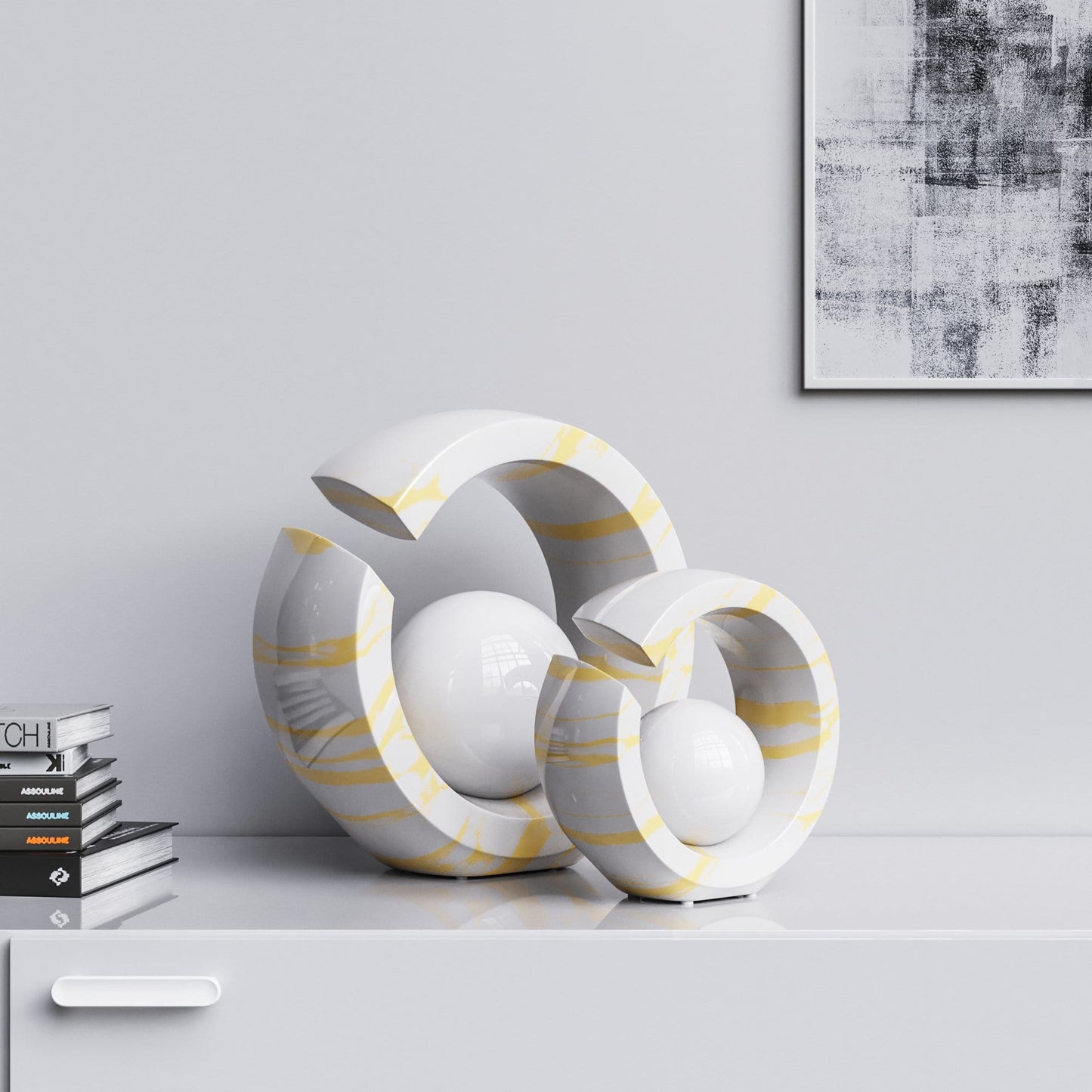 Ceramic Rings & Ball Set - White Marbles - Synchrony Art INC