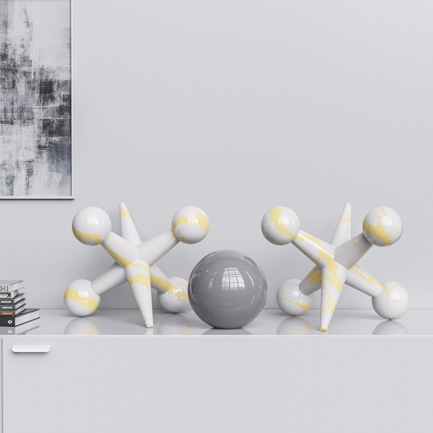 Ceramic 18"Jacks & 10" Ball  Set - White Marbles - Synchrony Art INC
