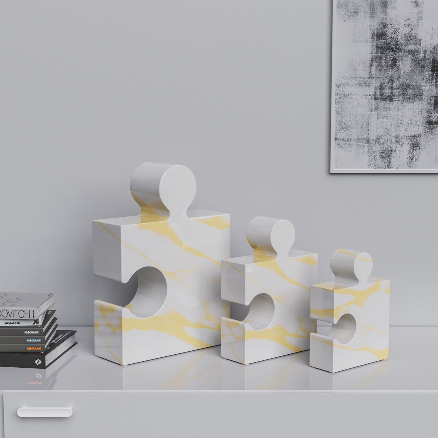 Ceramic Three Puzzles Set (Enhanced) - White Marbles - Synchrony Art INC