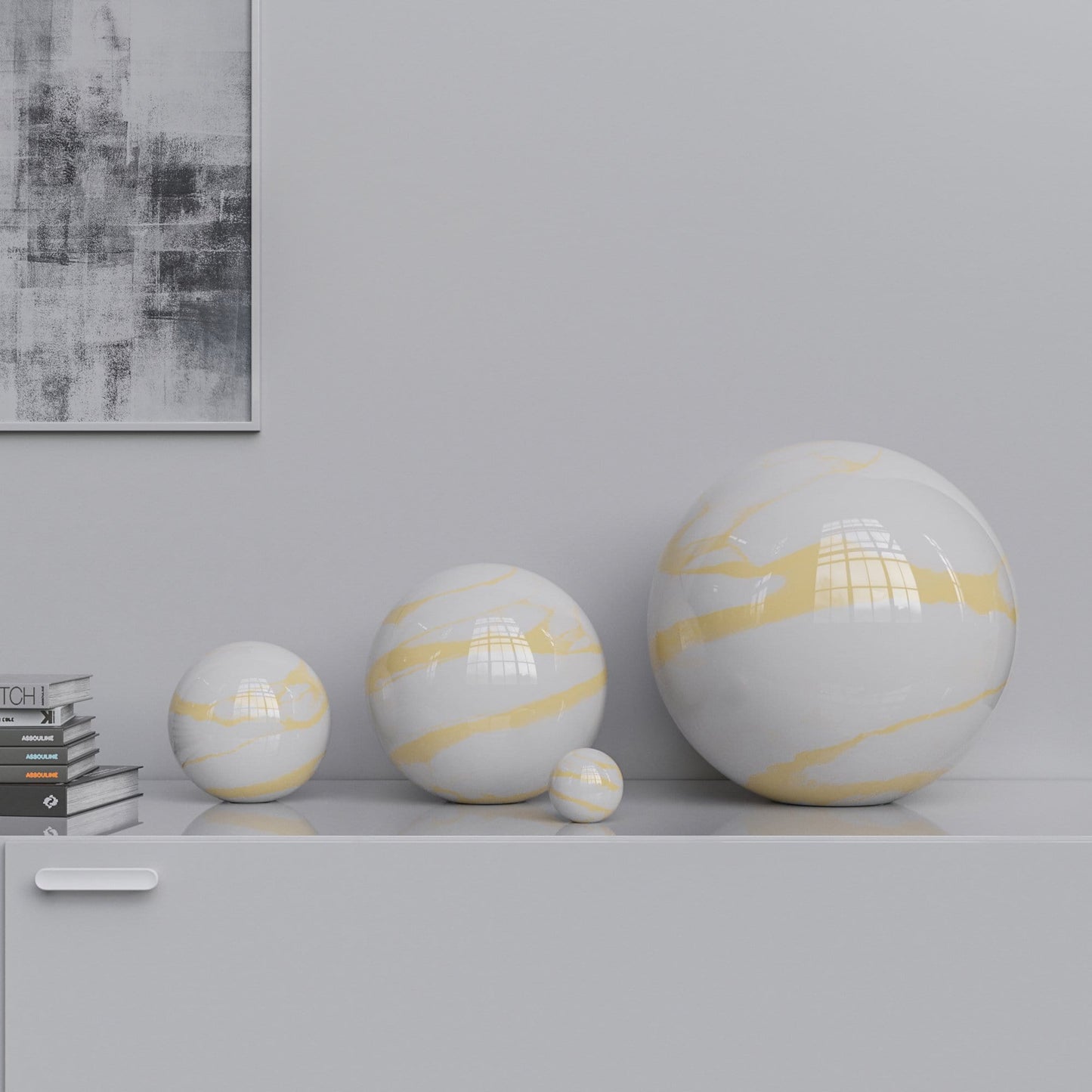 Ceramic Sphere Four Pieces Set - White Marbles - Synchrony Art INC