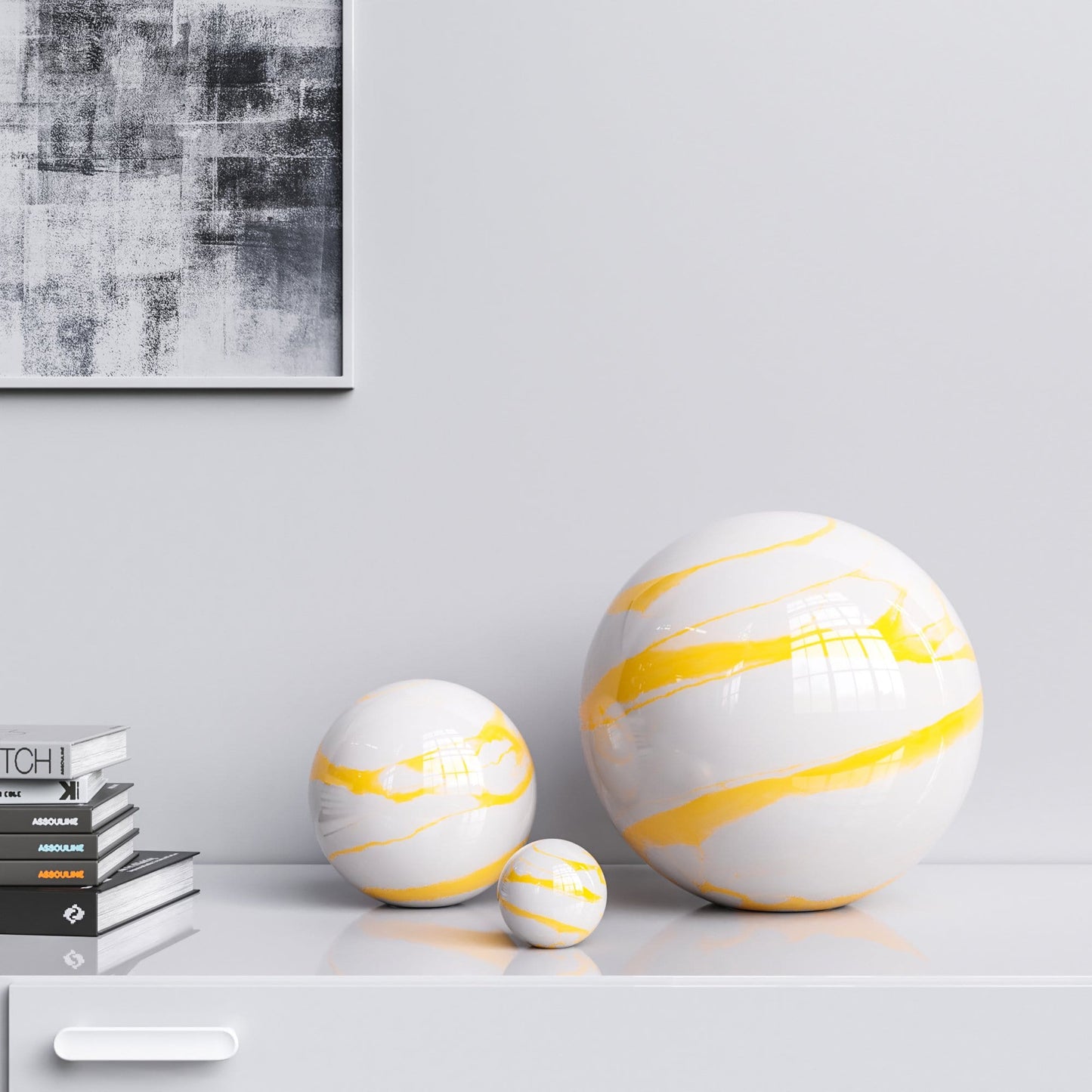 Ceramic Spheres - Three Pieces Set - White Marbles - Synchrony Art INC