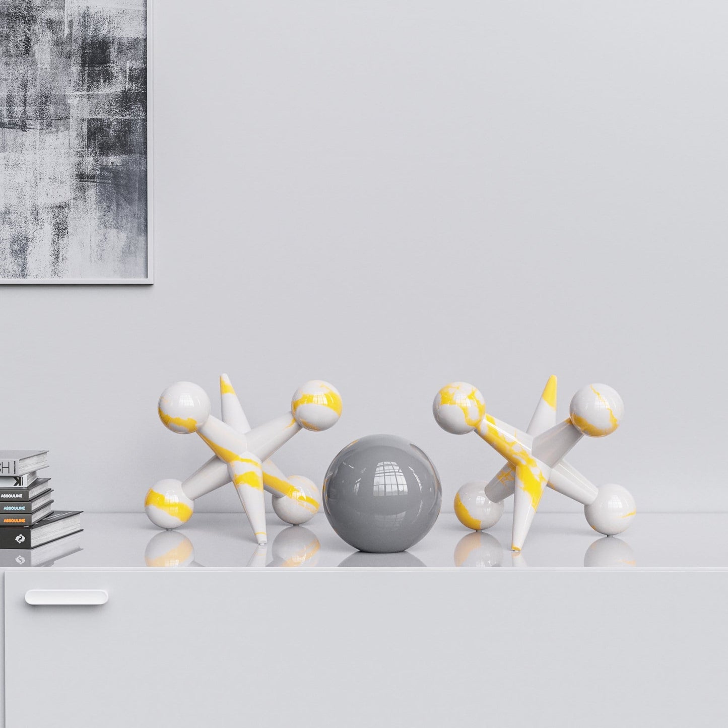 Ceramic 12"Jacks & 7" Ball  Set - White Marbles - Synchrony Art INC