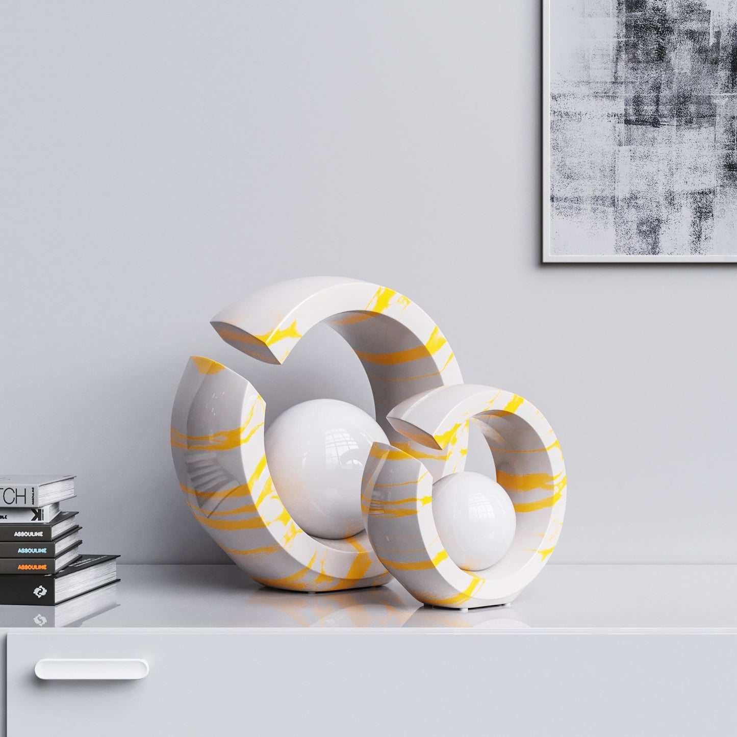 Ceramic Rings & Ball Set - White Marbles - Synchrony Art INC