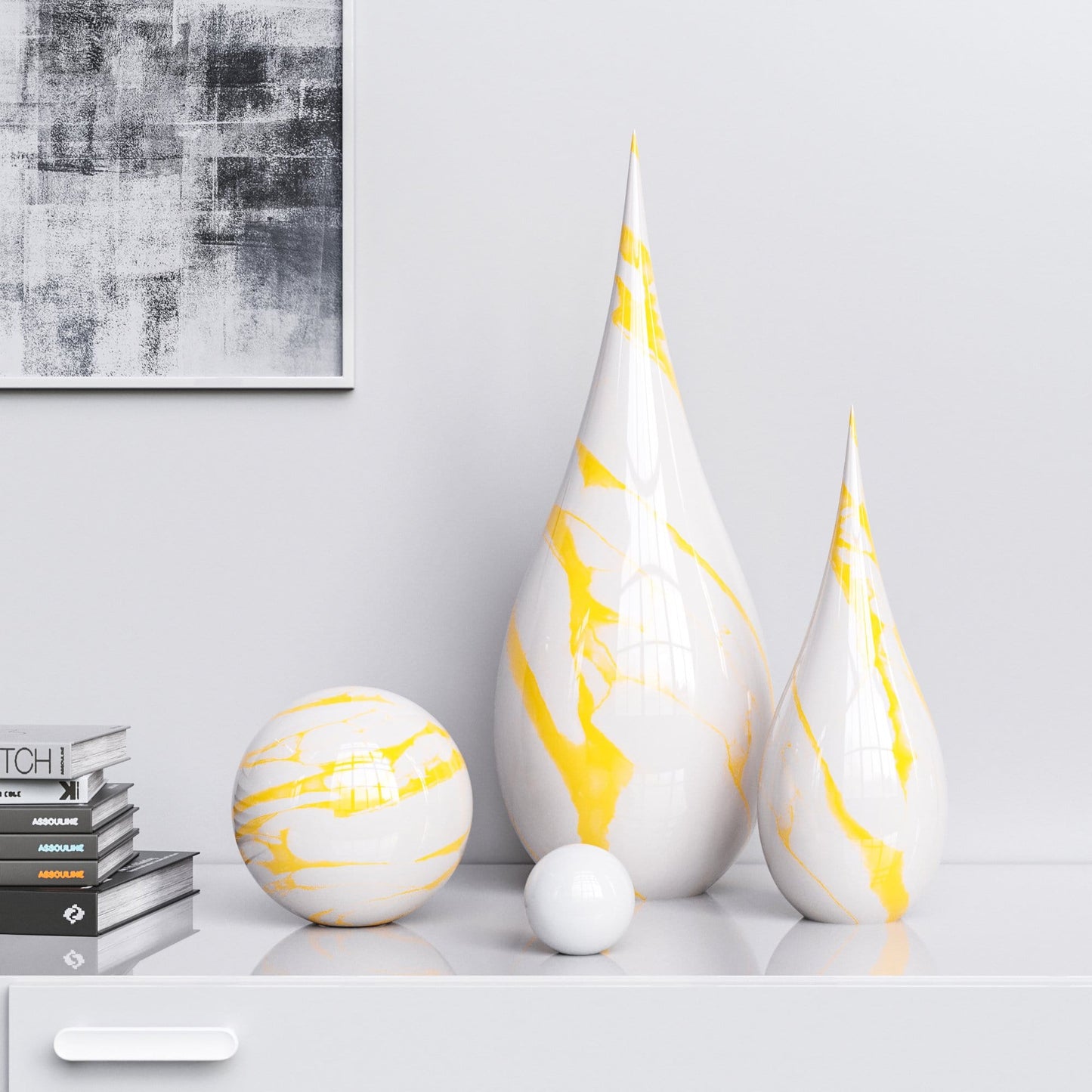 Ceramic Drop & Sphere Set - White Marbles - Synchrony Art INC