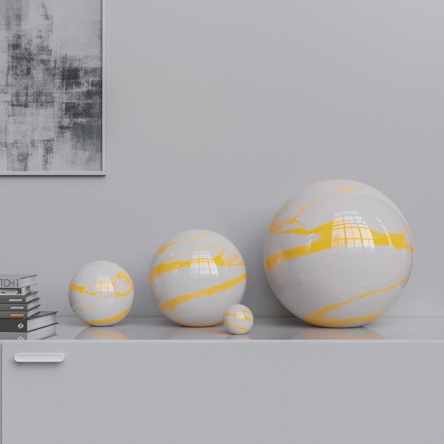 Ceramic Sphere Four Pieces Set - White Marbles - Synchrony Art INC