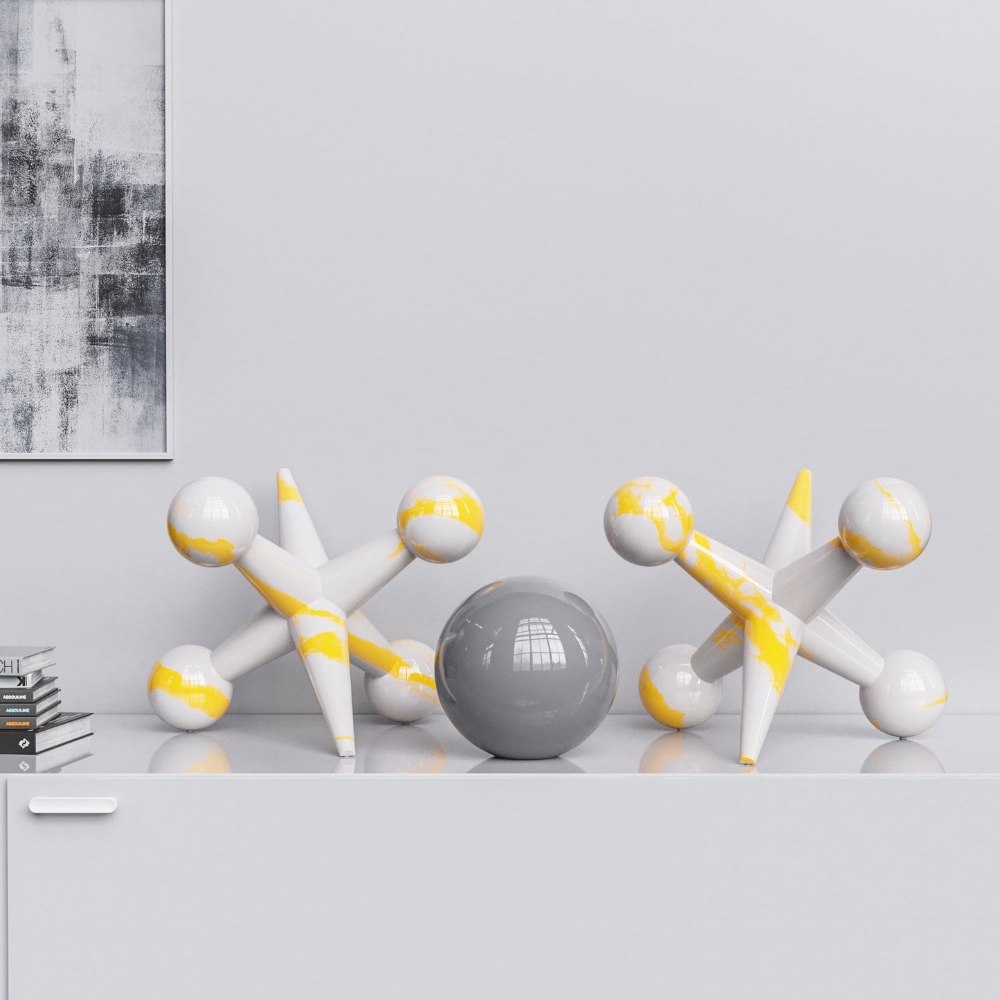 Ceramic 18"Jacks & 10" Ball  Set - White Marbles - Synchrony Art INC