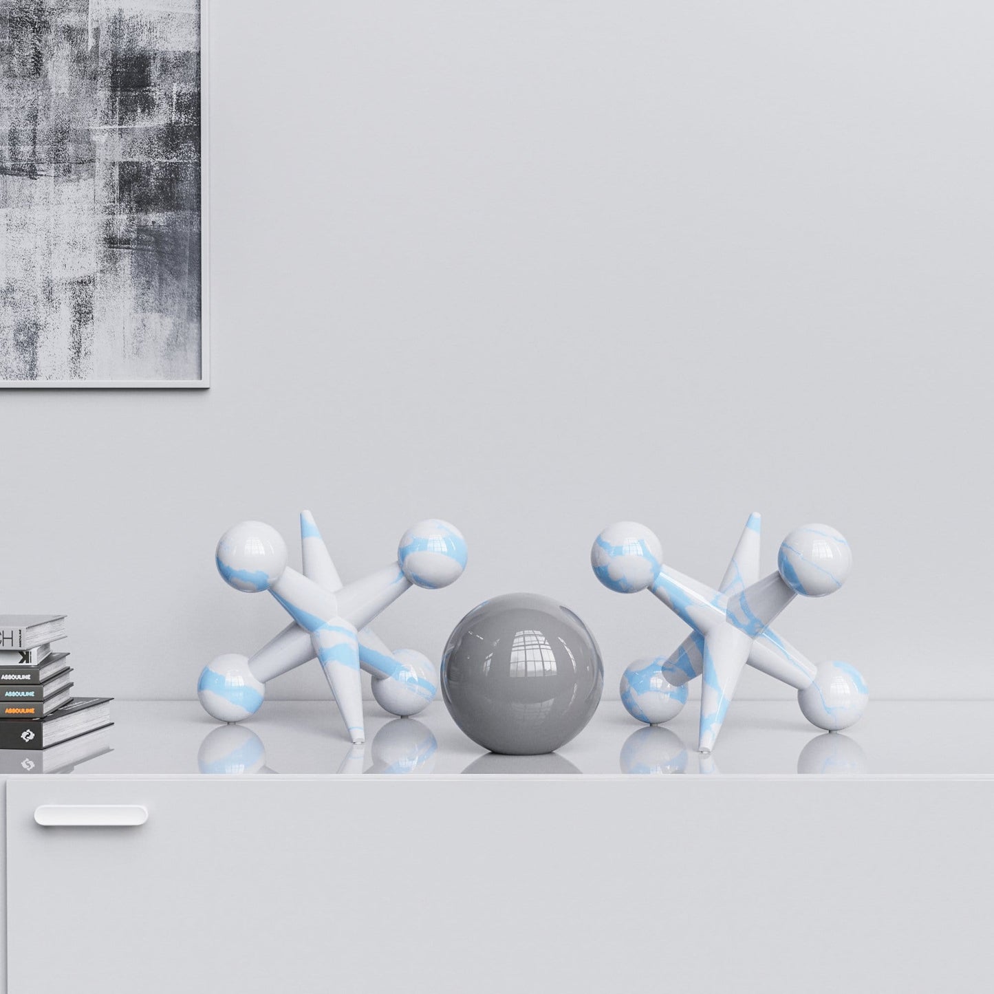 Ceramic 12"Jacks & 7" Ball  Set - White Marbles - Synchrony Art INC