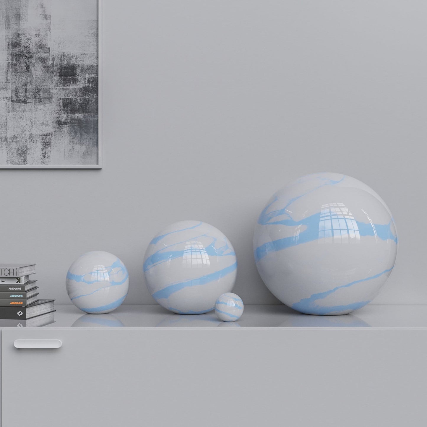 Ceramic Sphere Four Pieces Set - White Marbles - Synchrony Art INC