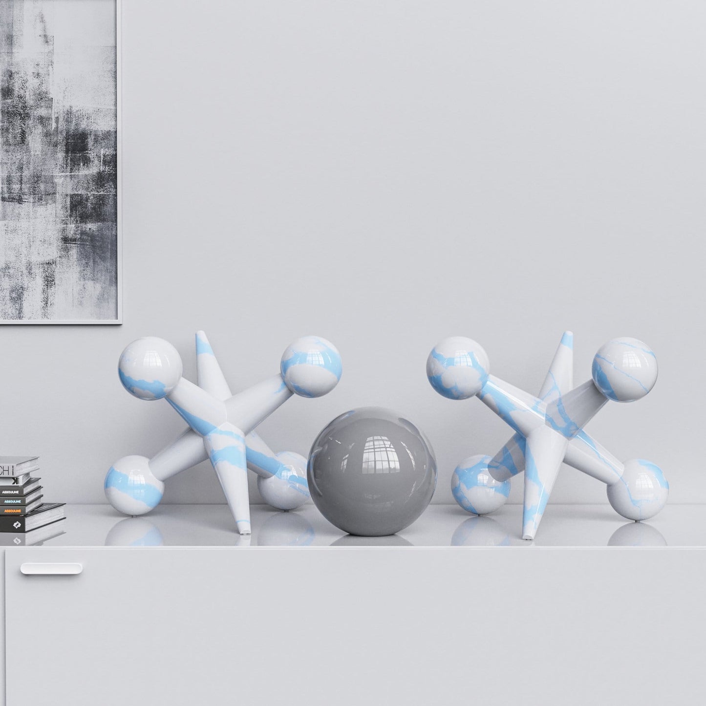 Ceramic 18"Jacks & 10" Ball  Set - White Marbles - Synchrony Art INC