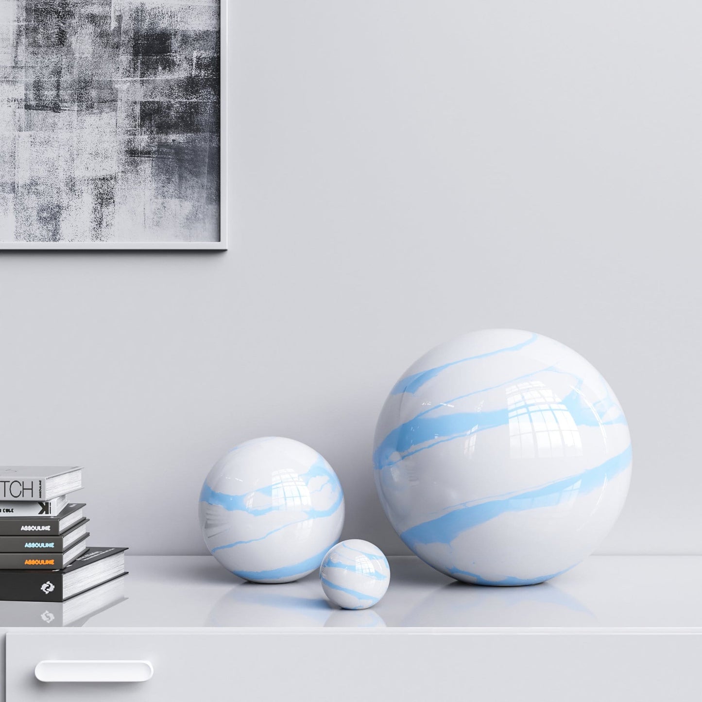 Ceramic Spheres - Three Pieces Set - White Marbles - Synchrony Art INC