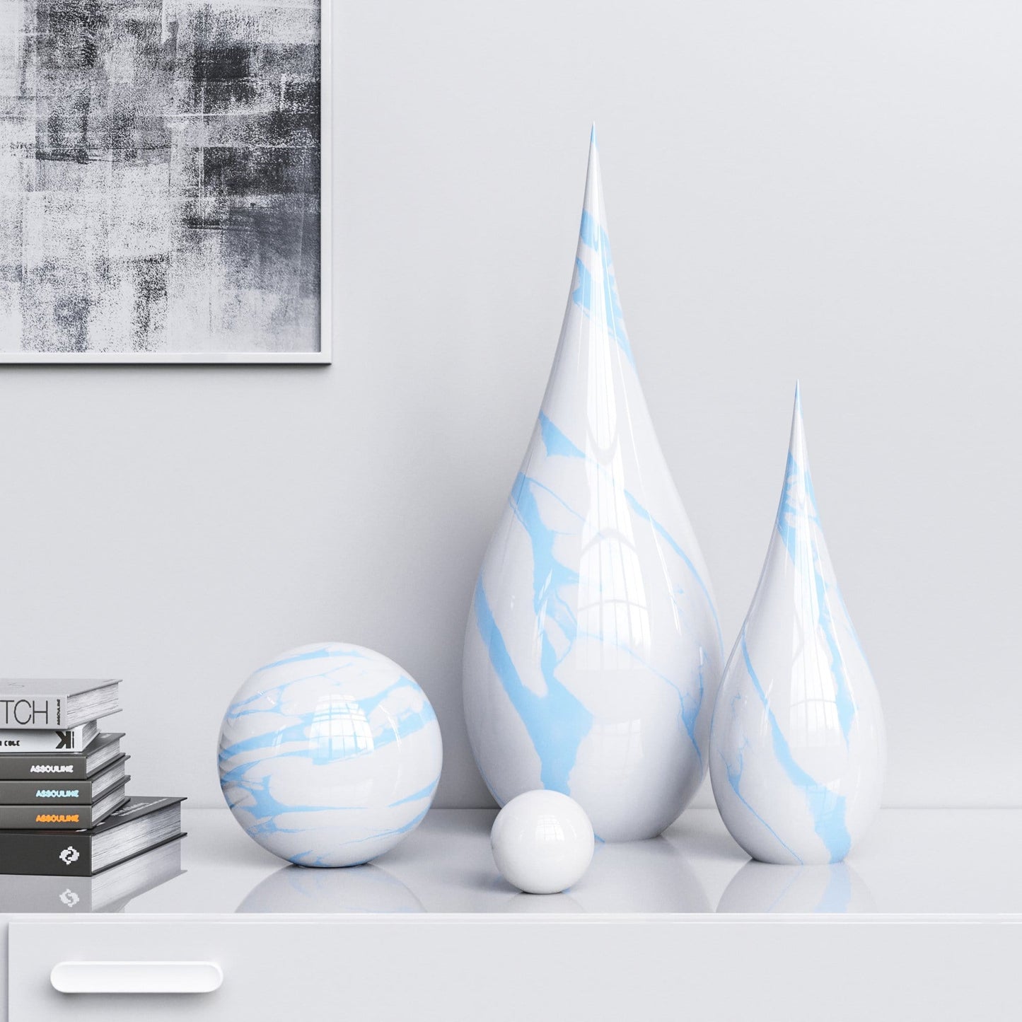 Ceramic Drop & Sphere Set - White Marbles - Synchrony Art INC