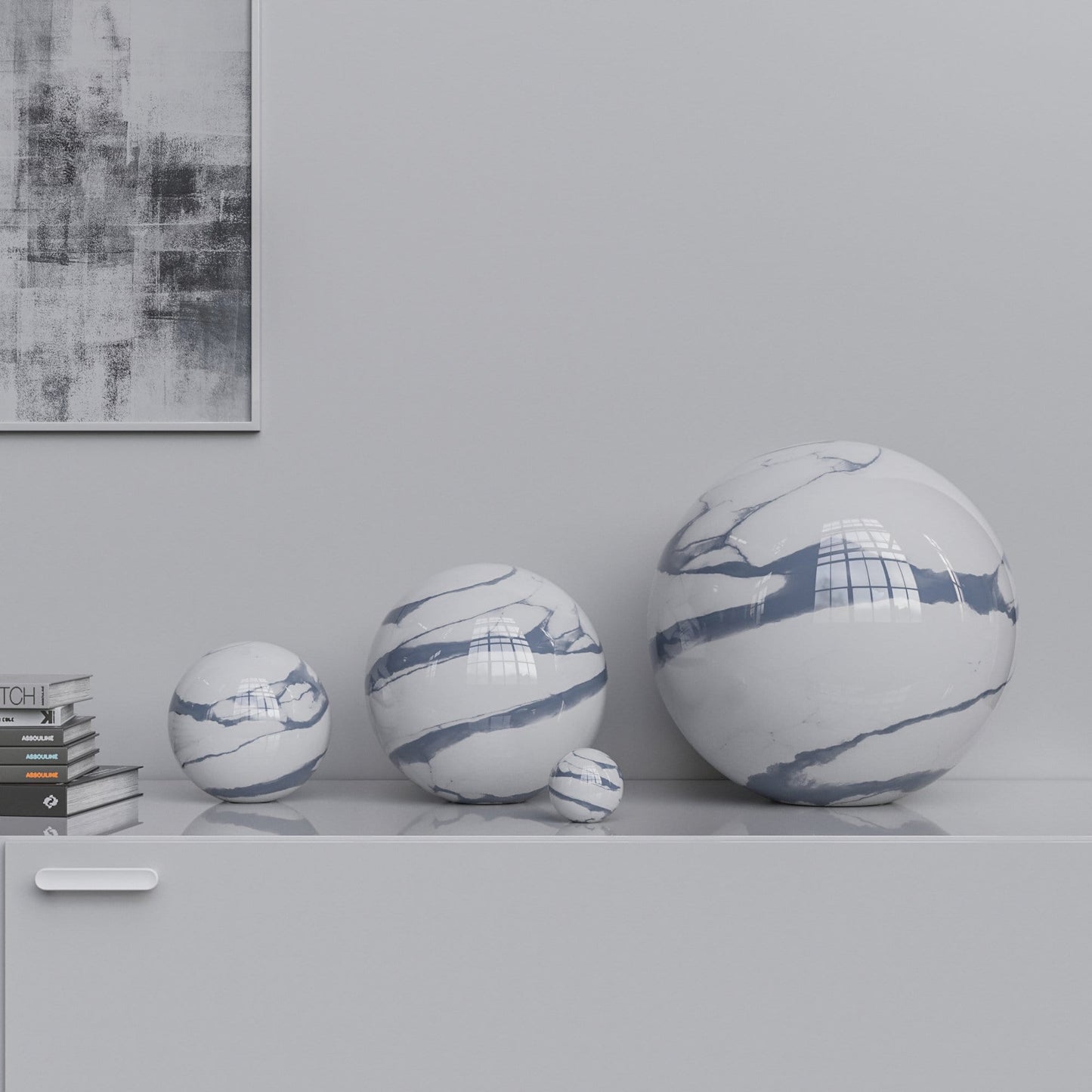 Ceramic Sphere Four Pieces Set - White Marbles - Synchrony Art INC