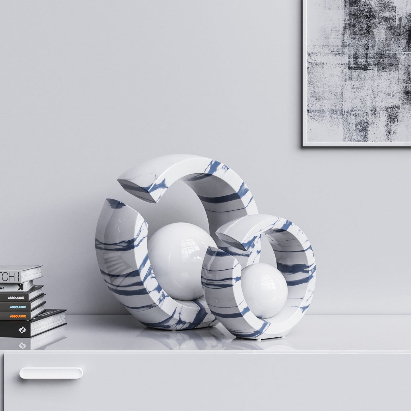 Ceramic Rings & Ball Set - White Marbles - Synchrony Art INC