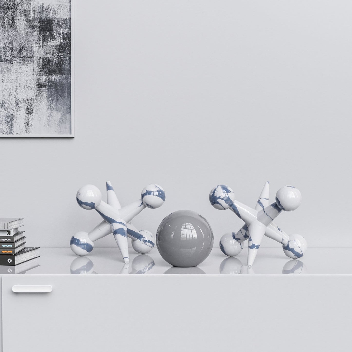 Ceramic 12"Jacks & 7" Ball  Set - White Marbles - Synchrony Art INC