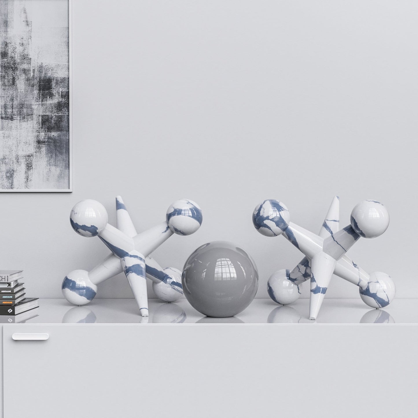 Ceramic 18"Jacks & 10" Ball  Set - White Marbles - Synchrony Art INC