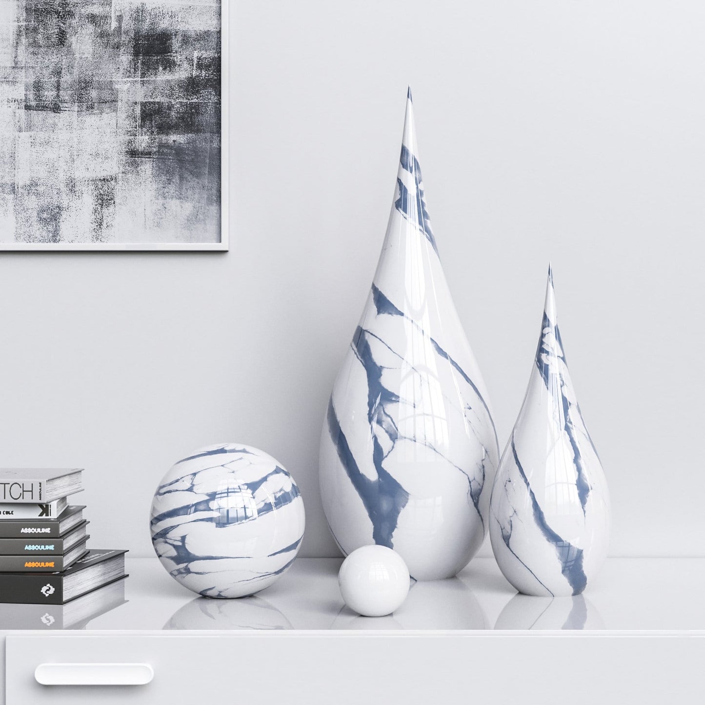 Ceramic Drop & Sphere Set - White Marbles - Synchrony Art INC