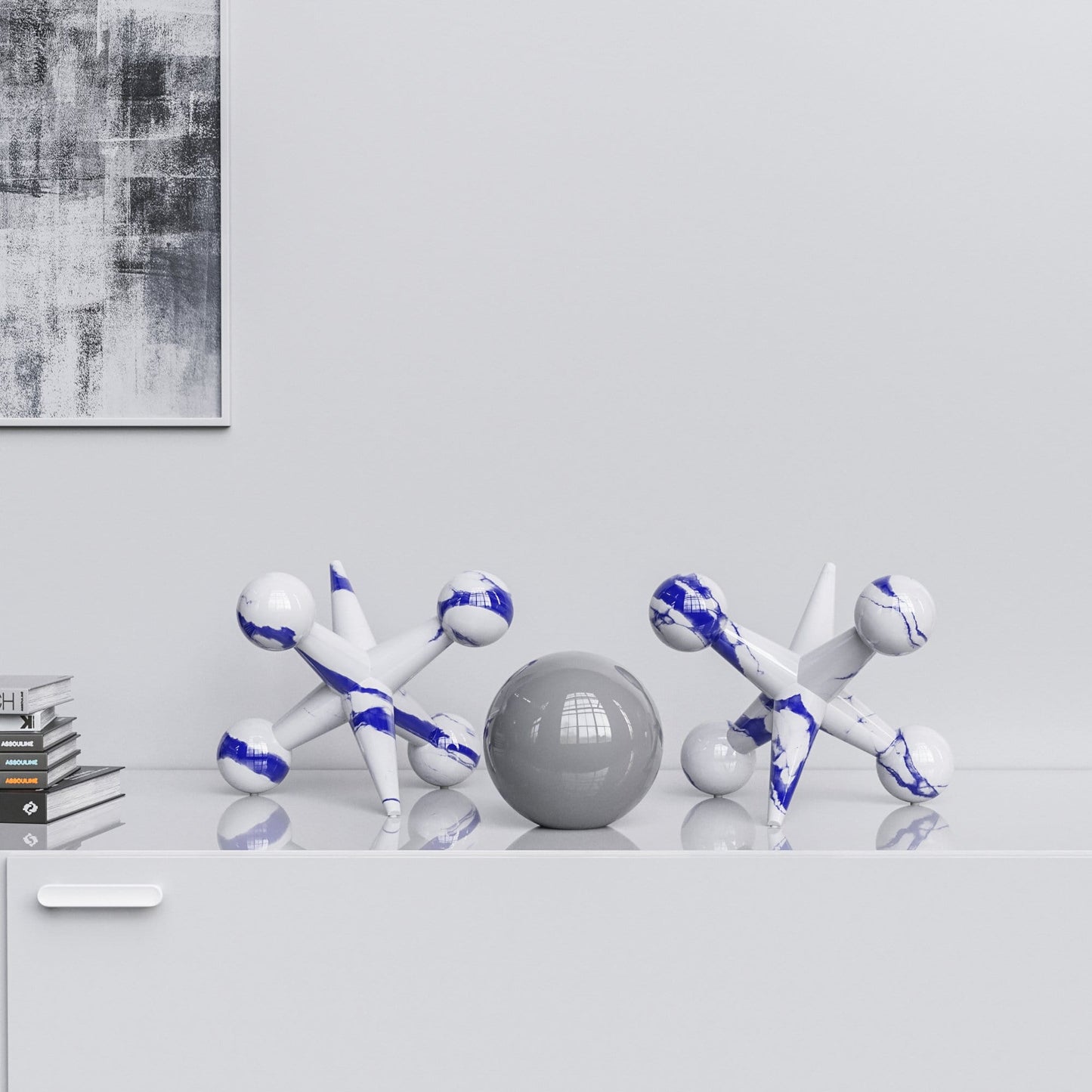 Ceramic 12"Jacks & 7" Ball  Set - White Marbles - Synchrony Art INC