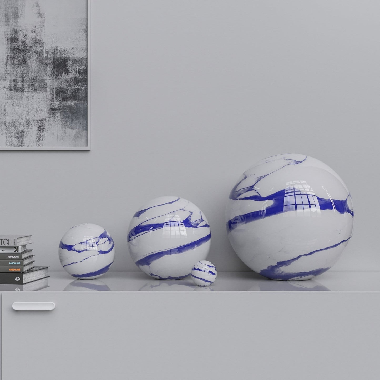 Ceramic Sphere Four Pieces Set - White Marbles - Synchrony Art INC
