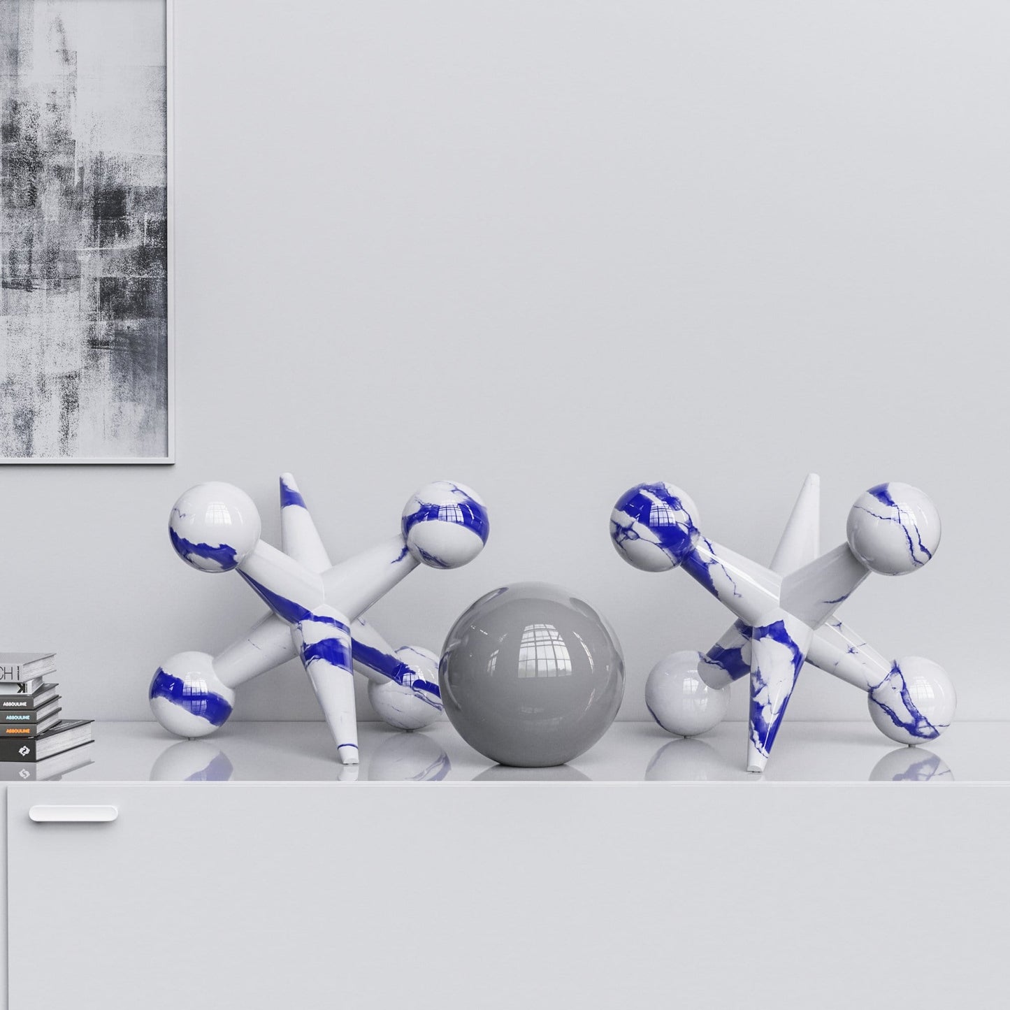 Ceramic 18"Jacks & 10" Ball  Set - White Marbles - Synchrony Art INC
