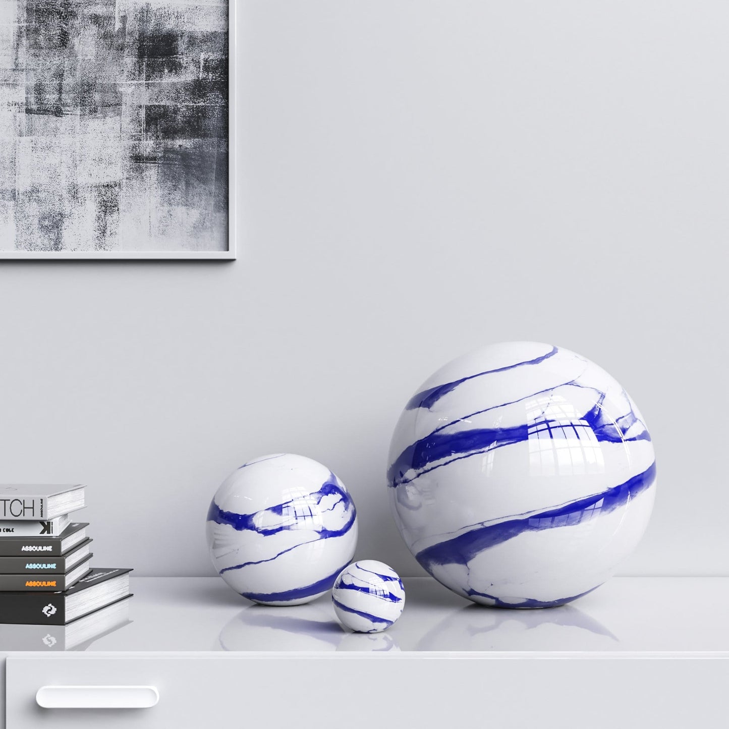 Ceramic Spheres - Three Pieces Set - White Marbles - Synchrony Art INC