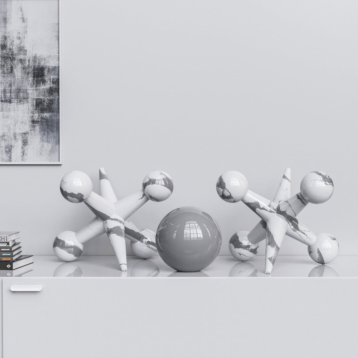 Ceramic 18"Jacks & 10" Ball  Set - White Marbles - Synchrony Art INC