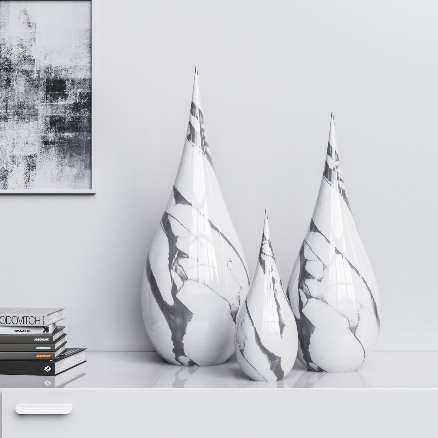 Ceramic Drop Three Pieces Set - White Marbles - Synchrony Art INC