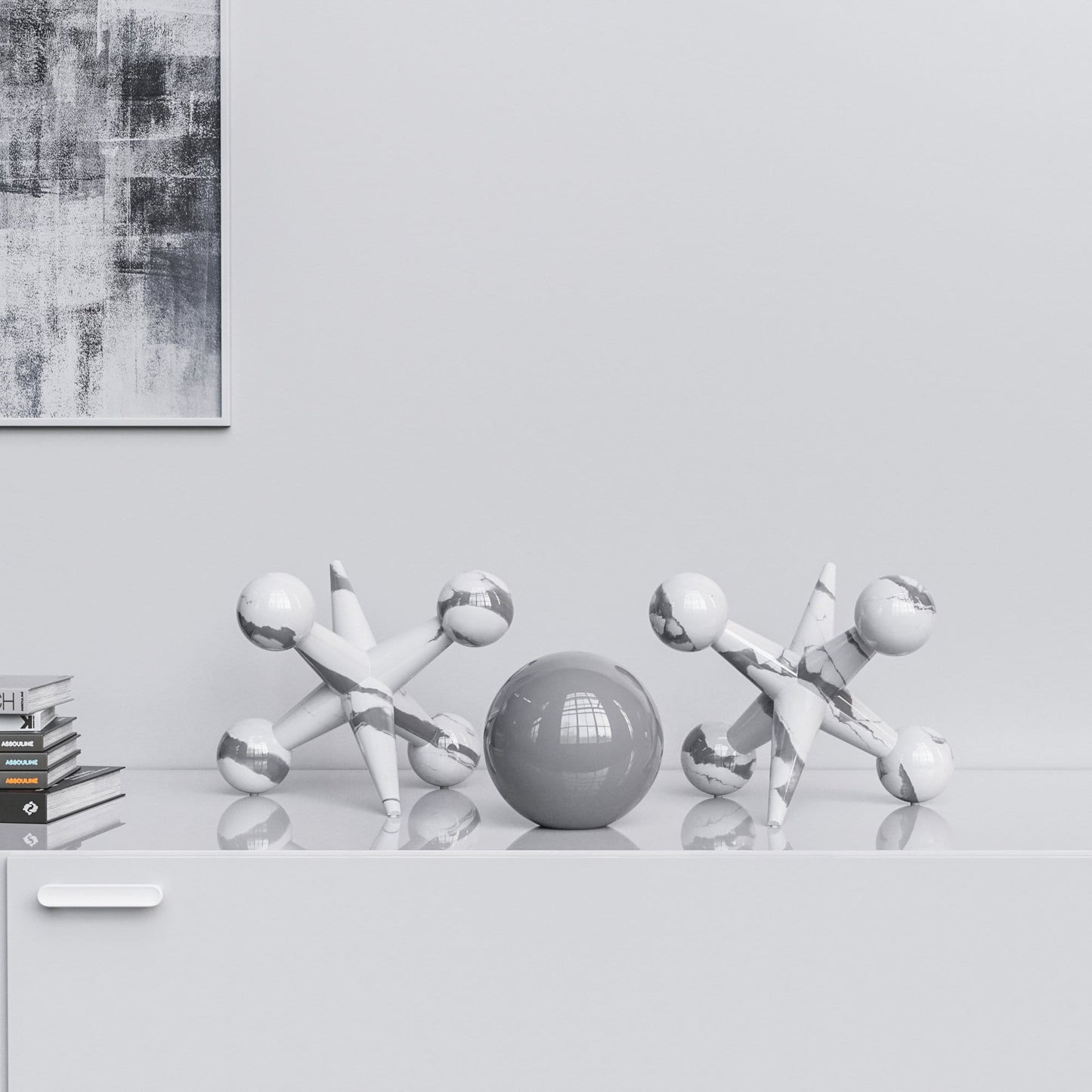 Ceramic 12"Jacks & 7" Ball  Set - White Marbles - Synchrony Art INC