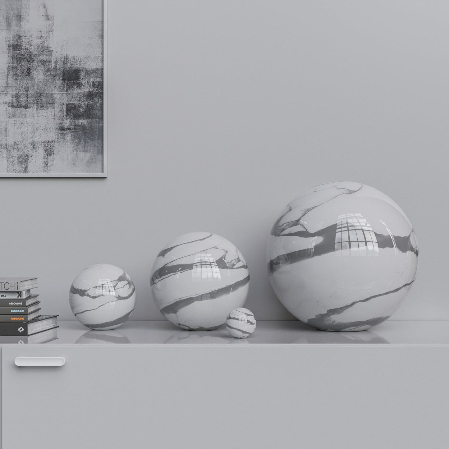 Ceramic Sphere Four Pieces Set - White Marbles - Synchrony Art INC