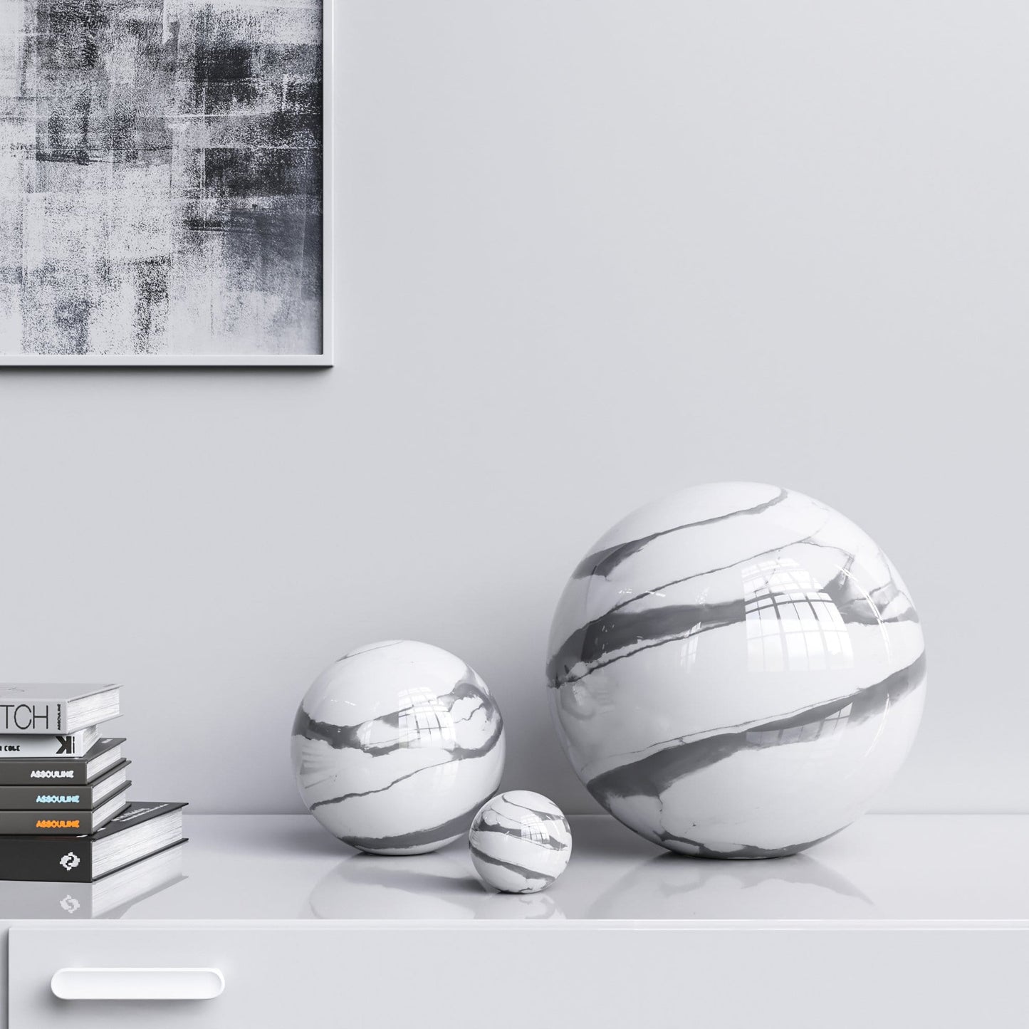 Ceramic Spheres - Three Pieces Set - White Marbles - Synchrony Art INC