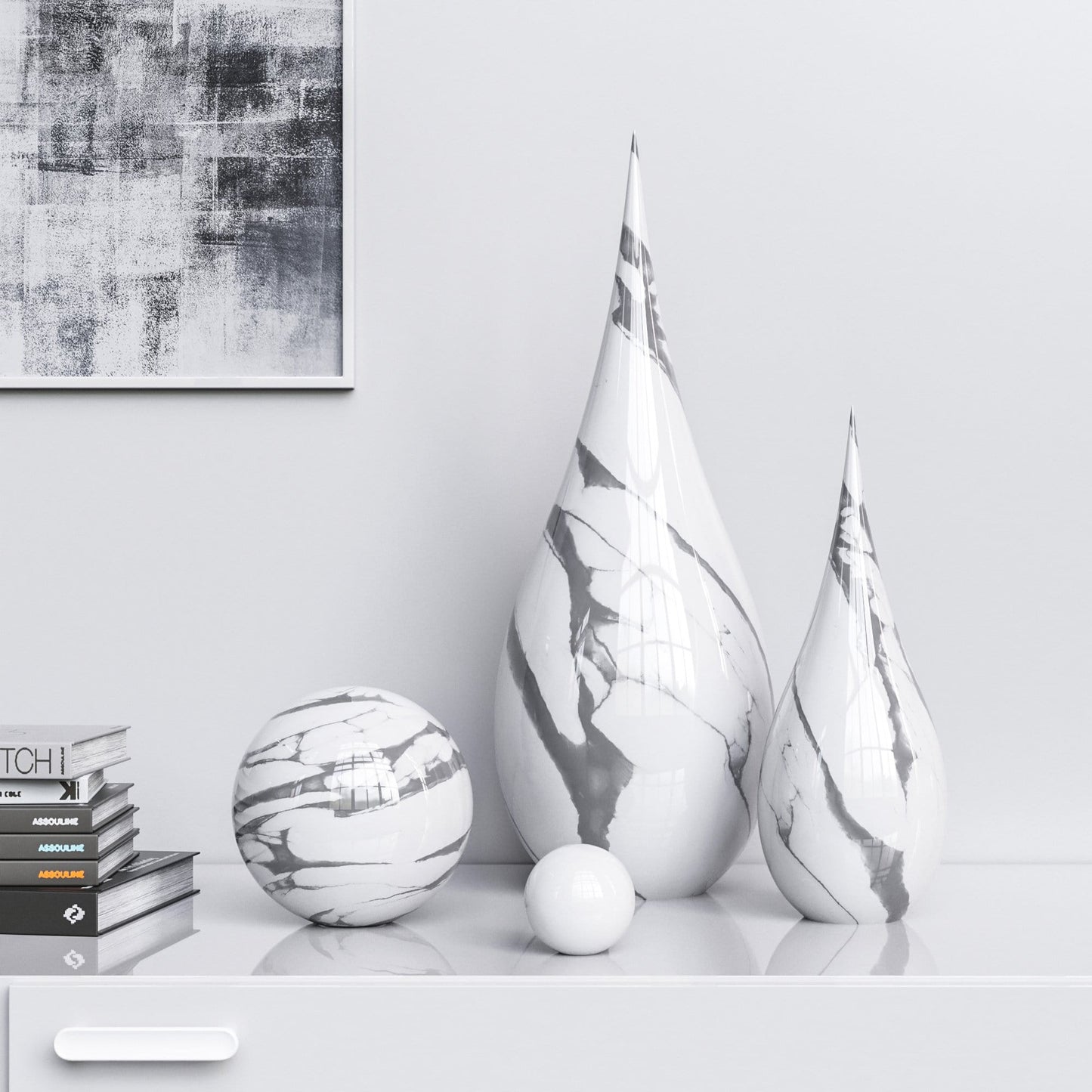 Ceramic Drop & Sphere Set - White Marbles - Synchrony Art INC