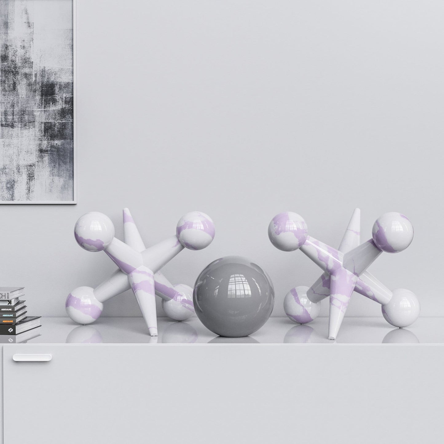 Ceramic 18"Jacks & 10" Ball  Set - White Marbles - Synchrony Art INC