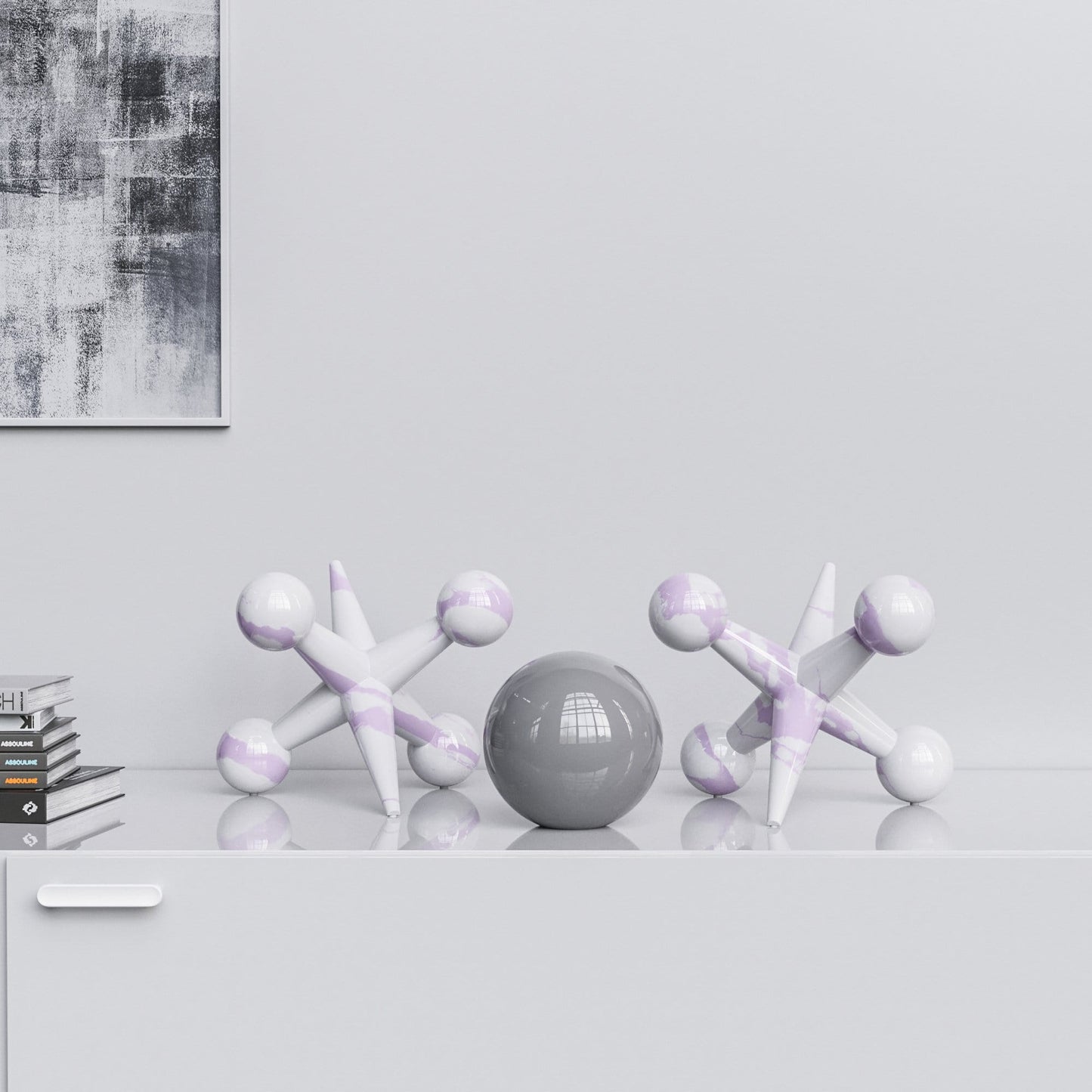 Ceramic 12"Jacks & 7" Ball  Set - White Marbles - Synchrony Art INC