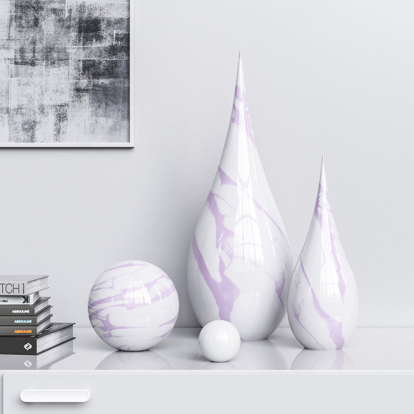 Ceramic Drop & Sphere Set - White Marbles - Synchrony Art INC