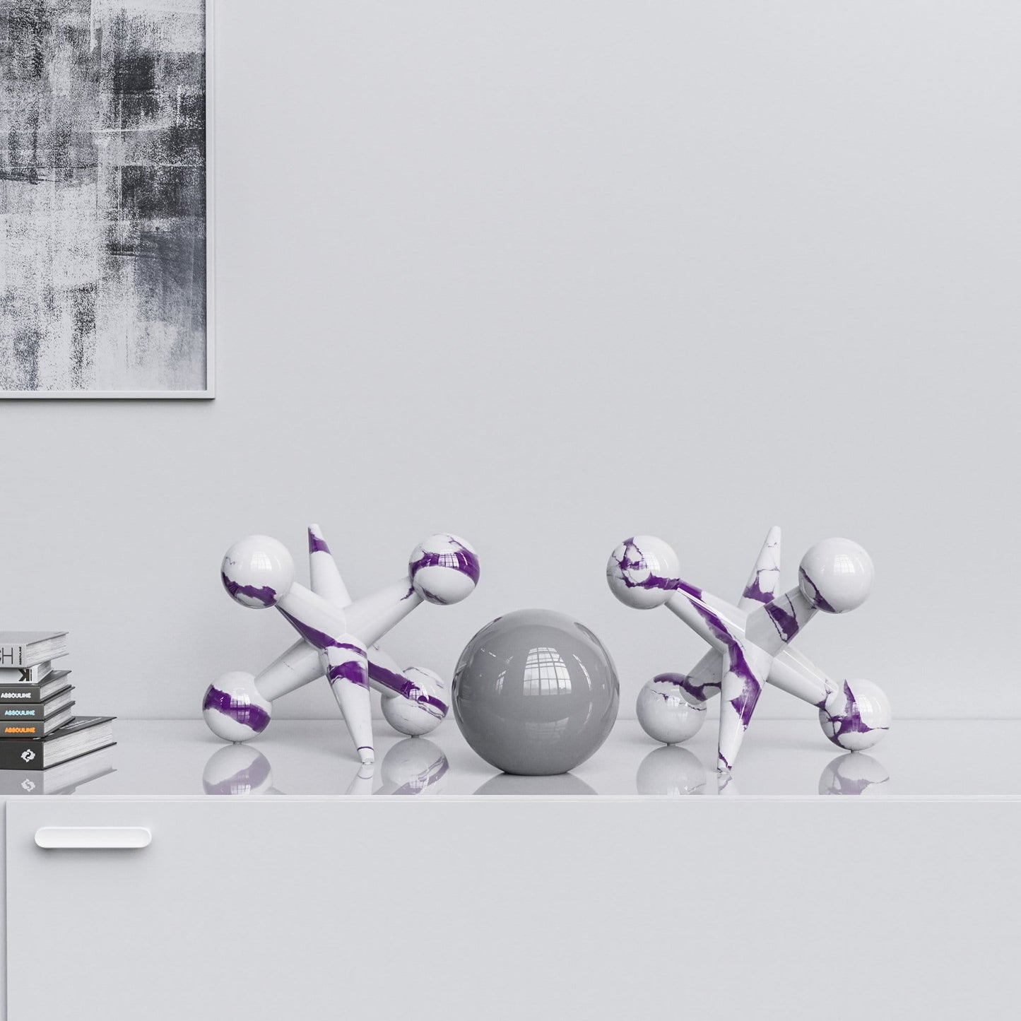 Ceramic 12"Jacks & 7" Ball  Set - White Marbles - Synchrony Art INC