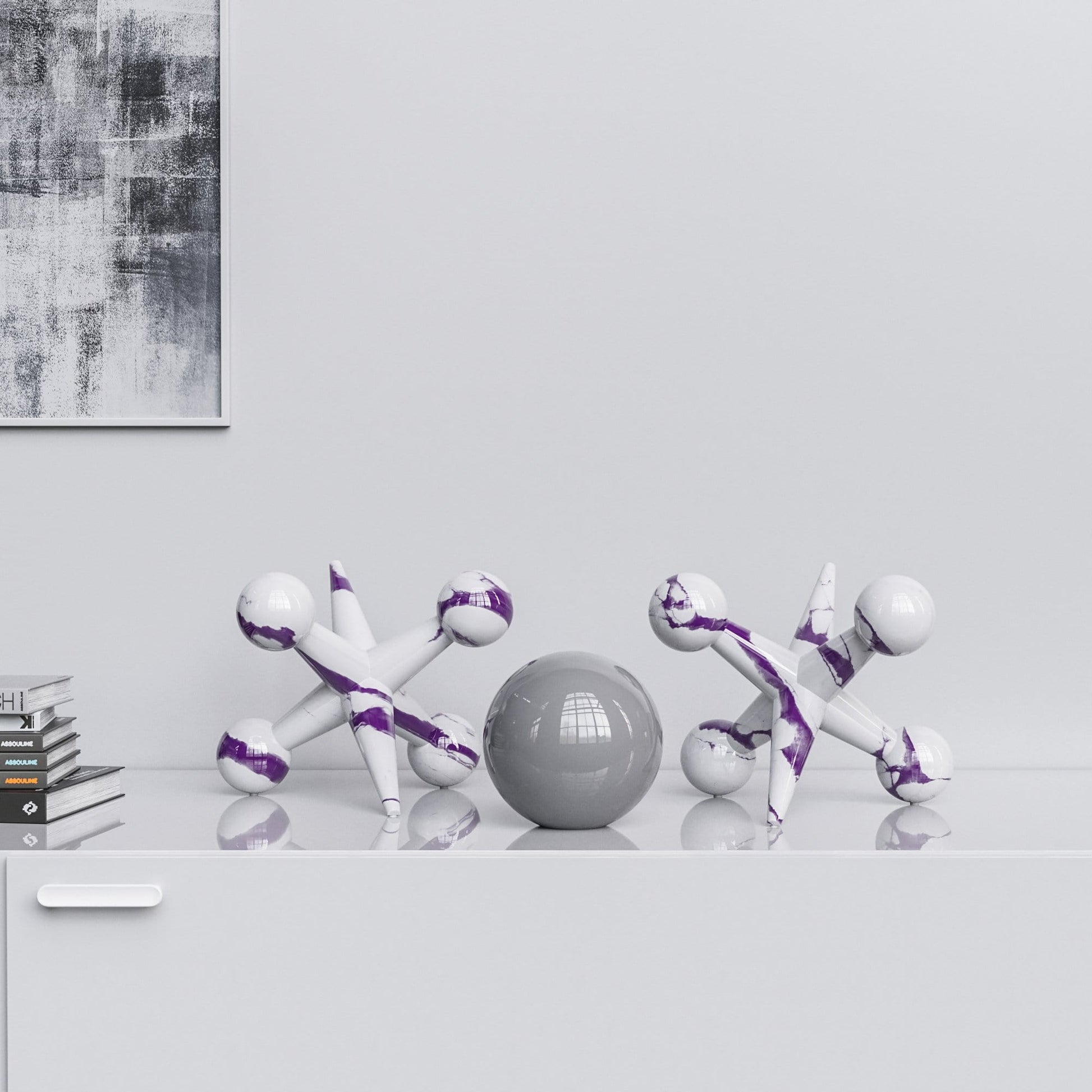 Ceramic 12"Jacks & 7" Ball  Set - White Marbles - Synchrony Art INC