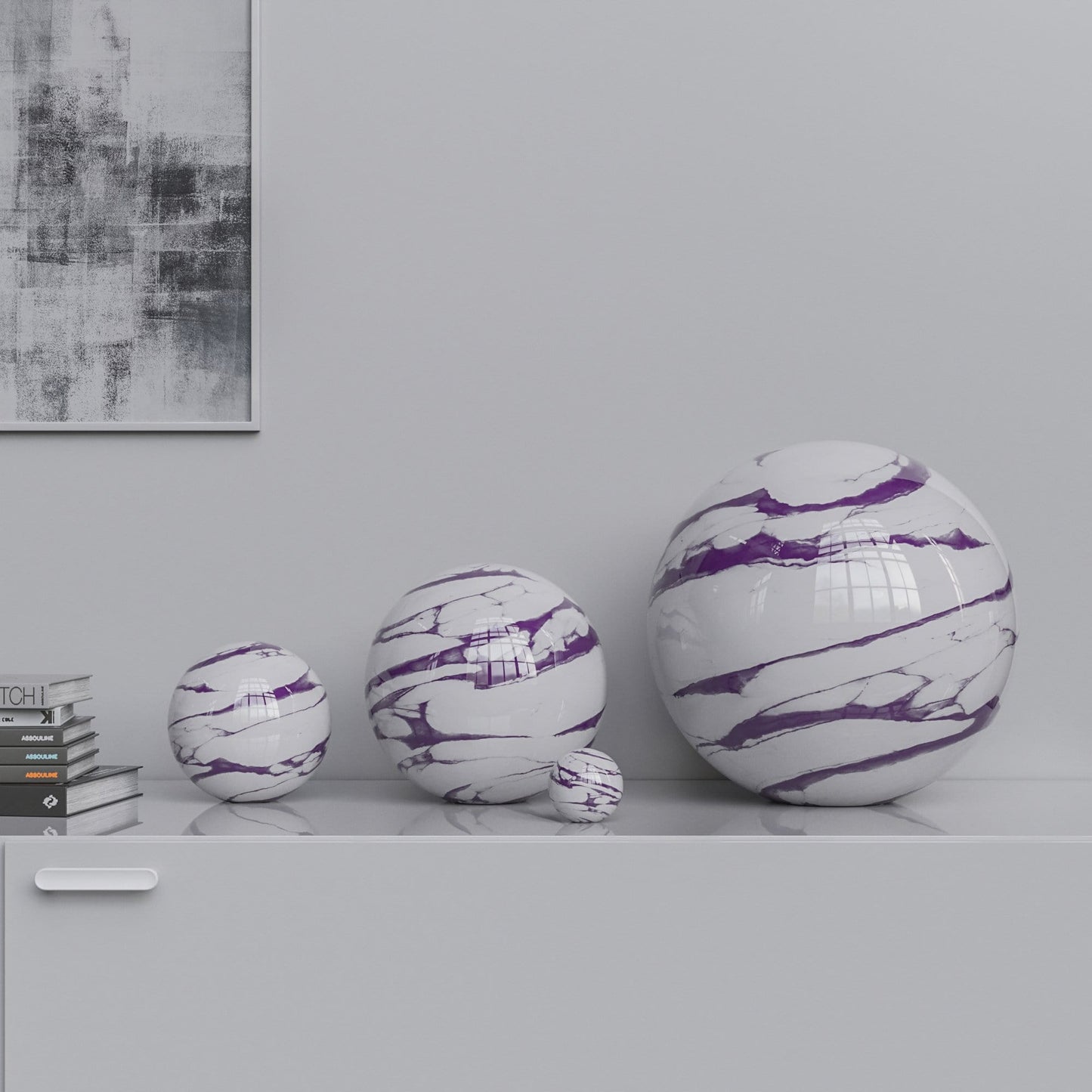 Ceramic Sphere Four Pieces Set - White Marbles - Synchrony Art INC