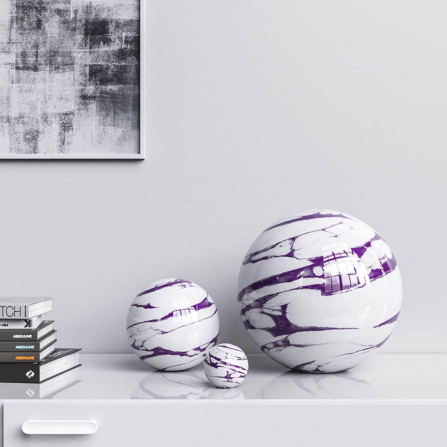 Ceramic Spheres - Three Pieces Set - White Marbles - Synchrony Art INC