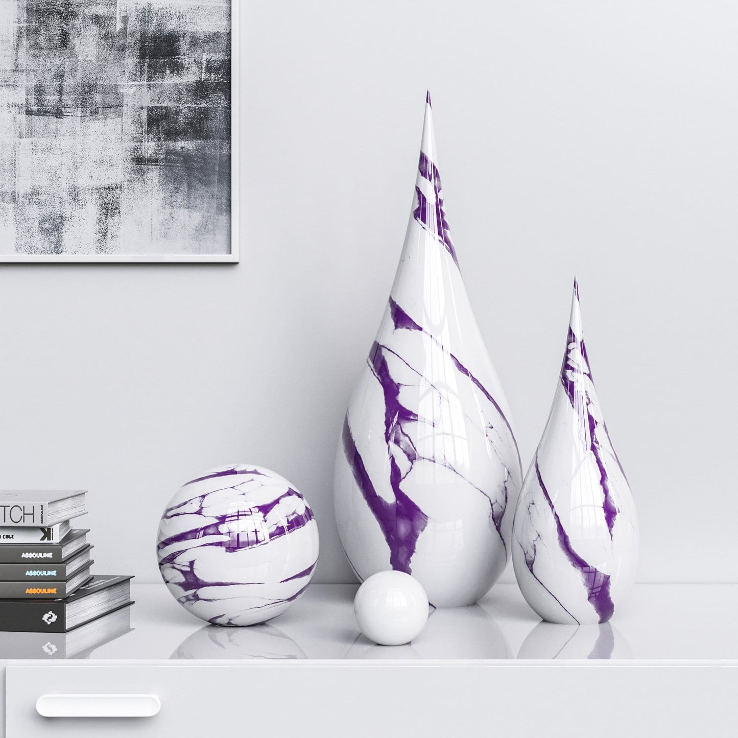 Ceramic Drop & Sphere Set - White Marbles - Synchrony Art INC