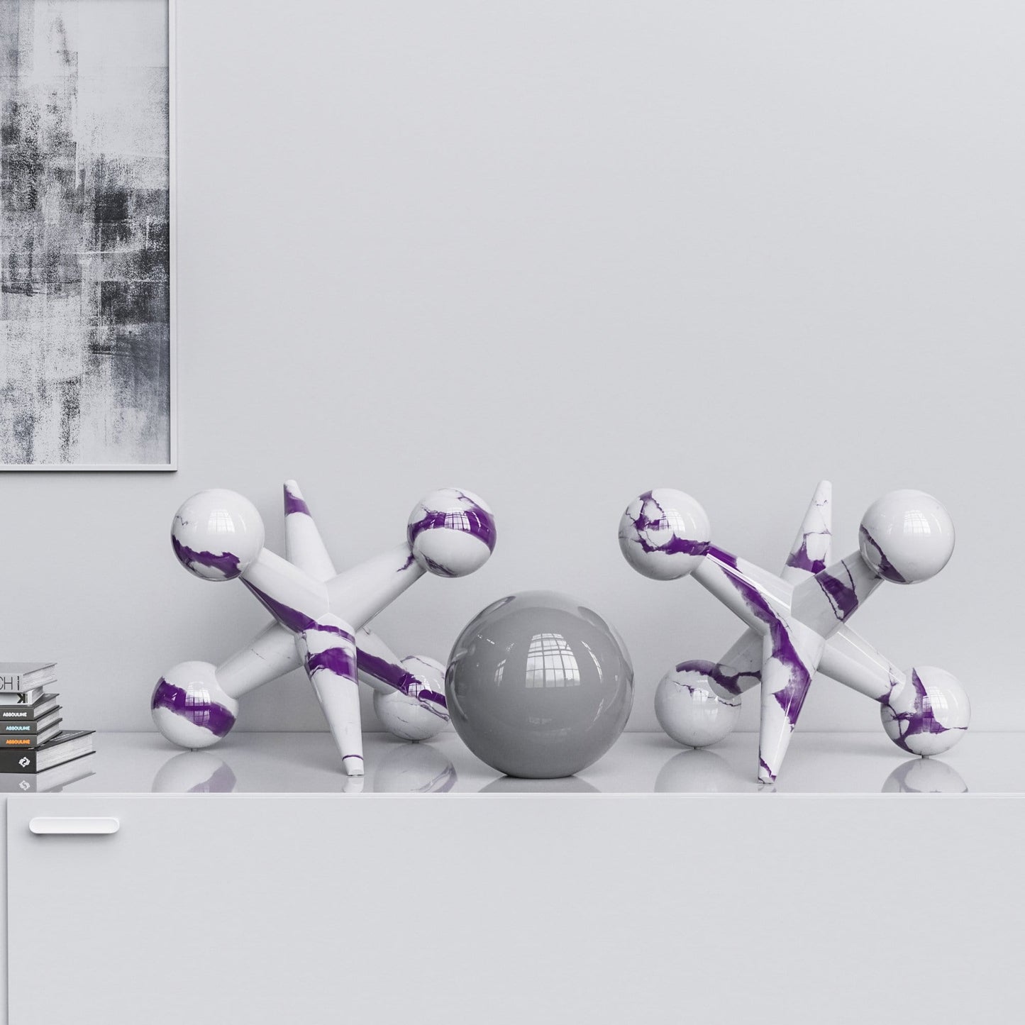 Ceramic 18"Jacks & 10" Ball  Set - White Marbles - Synchrony Art INC