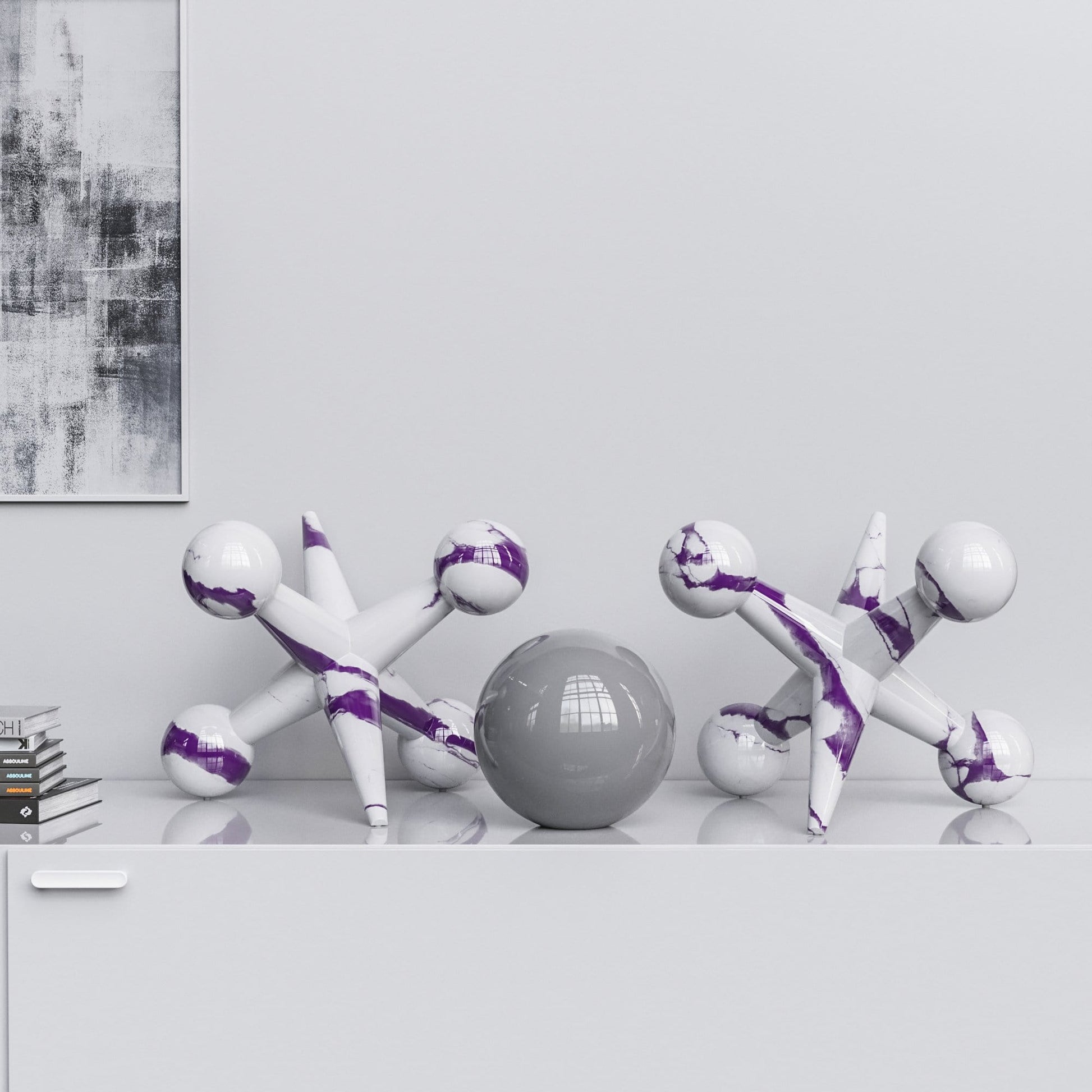 Ceramic 18"Jacks & 10" Ball  Set - White Marbles - Synchrony Art INC